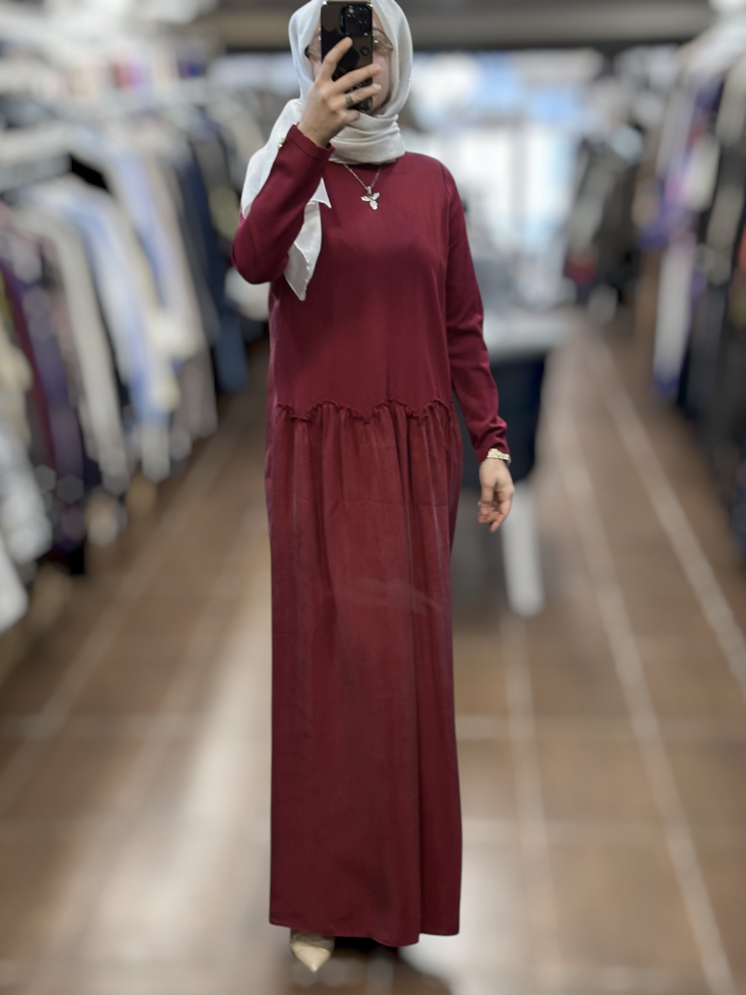Miss Dalida T26Y-4038 Büzgü Detaylı Triko Cupro Elbise - CHERRY