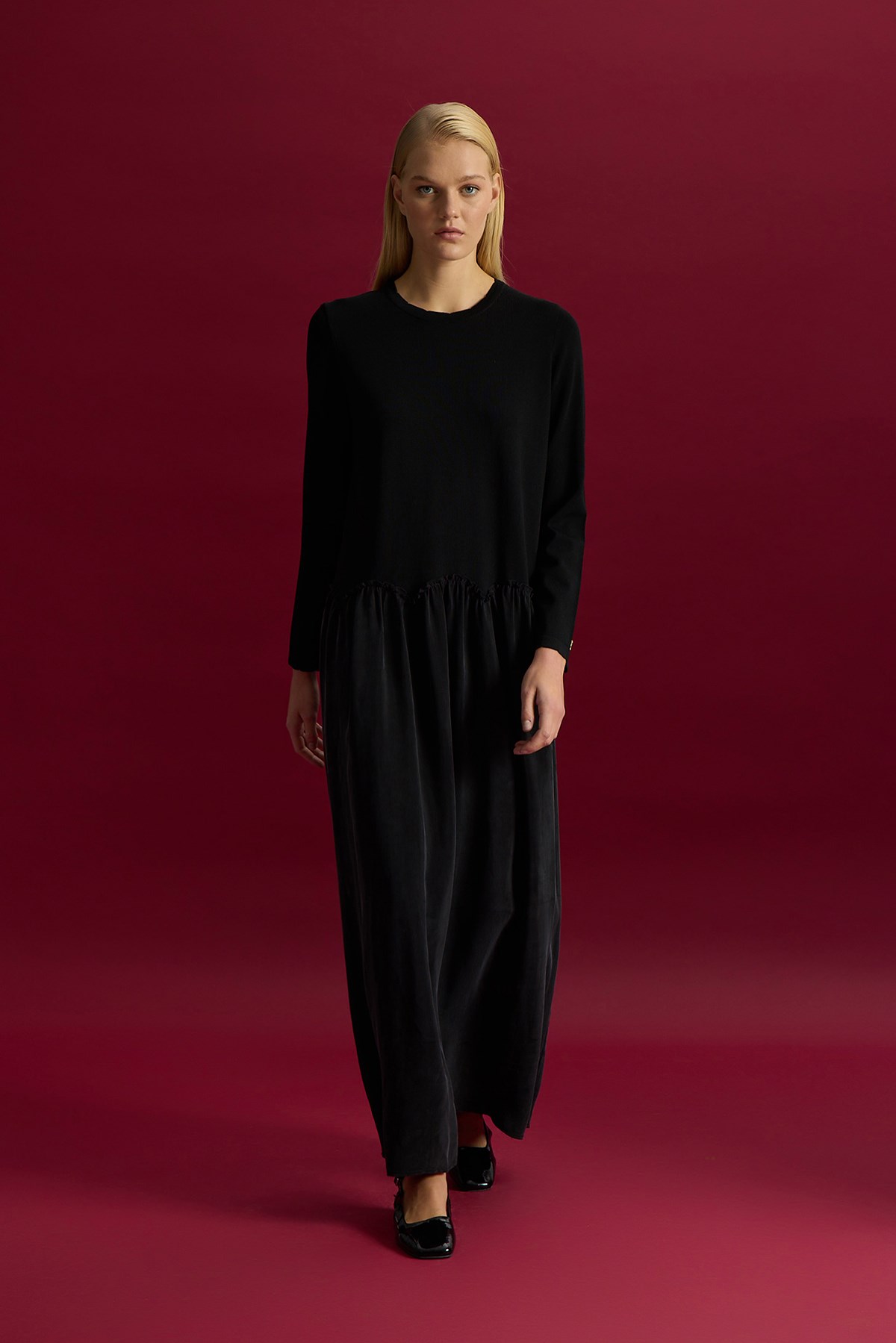 Miss Dalida T26Y-4038 Büzgü Detaylı Triko Cupro Elbise- BLACK