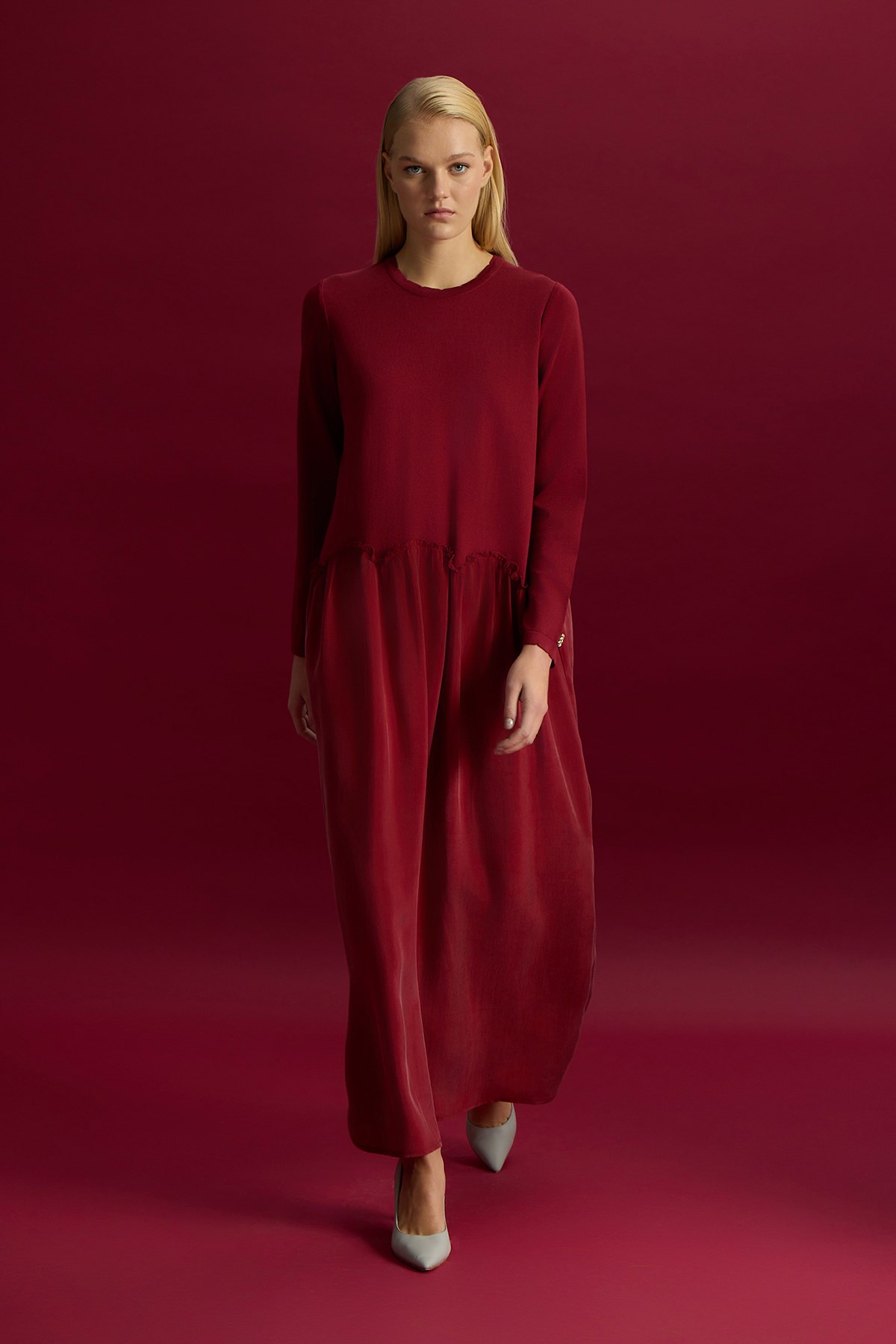 Miss Dalida T26Y-4038 Büzgü Detaylı Triko Cupro Elbise - CHERRY