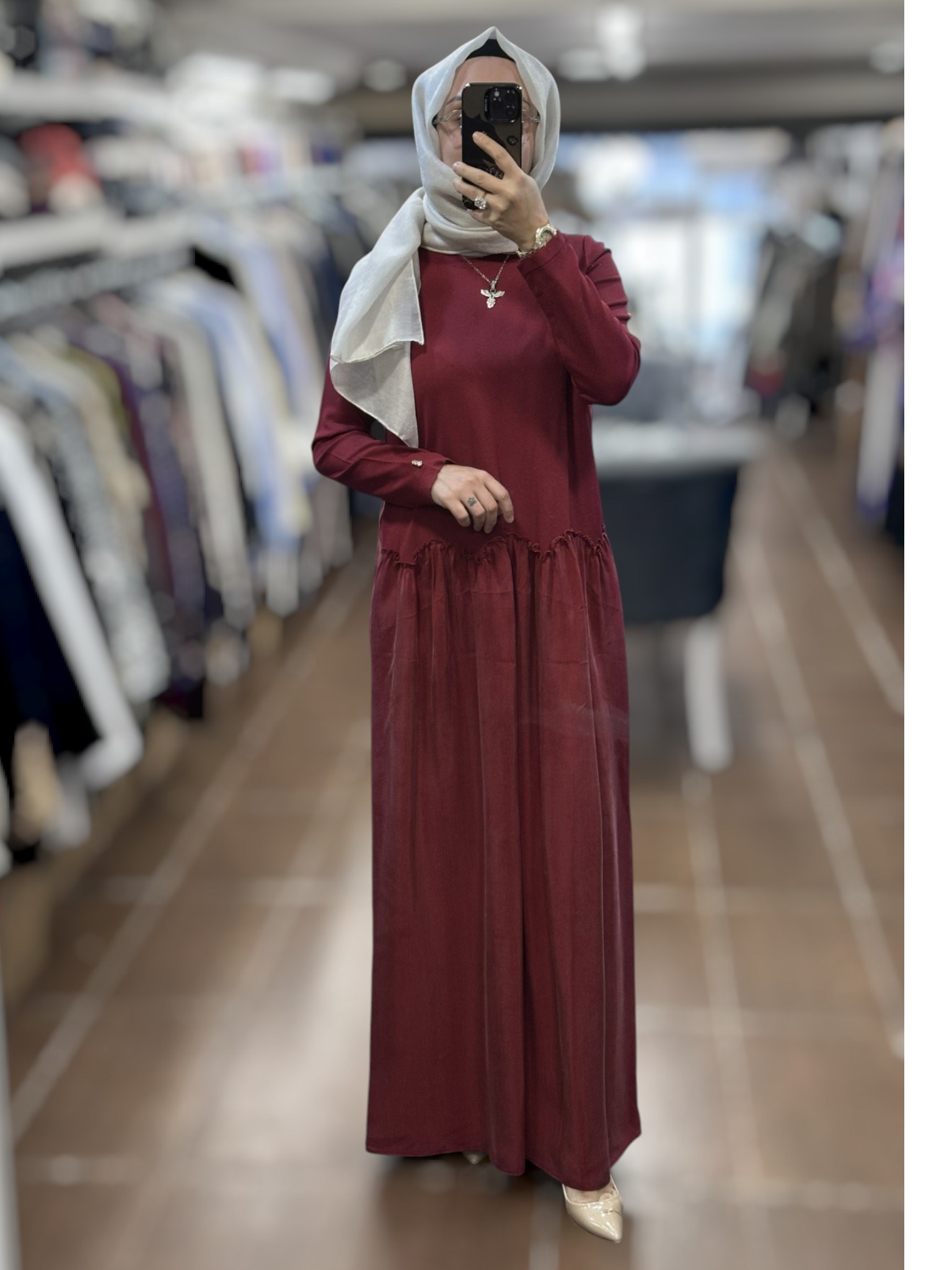 Miss Dalida T26Y-4038 Büzgü Detaylı Triko Cupro Elbise - CHERRY