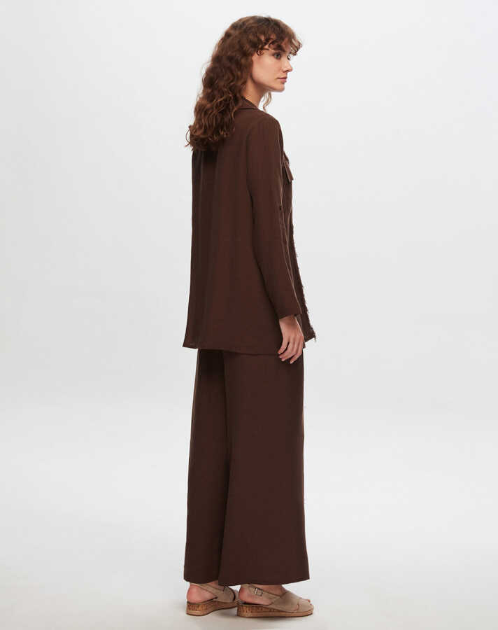 MissDalida Püskül Detaylı Bol Paça Keten Pantolon - Kakao