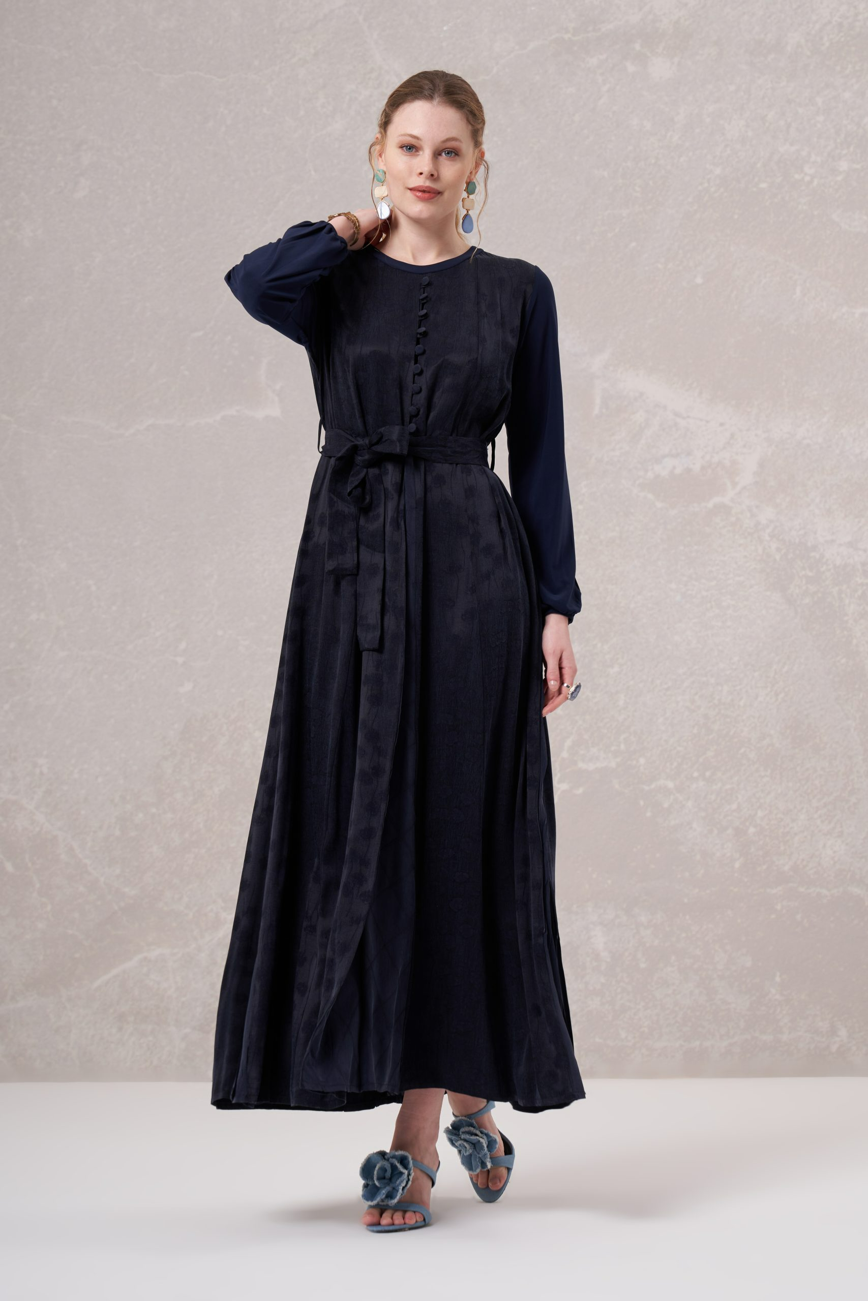 MissWhence 35801 Desenli İpek Elbise - Lacivert