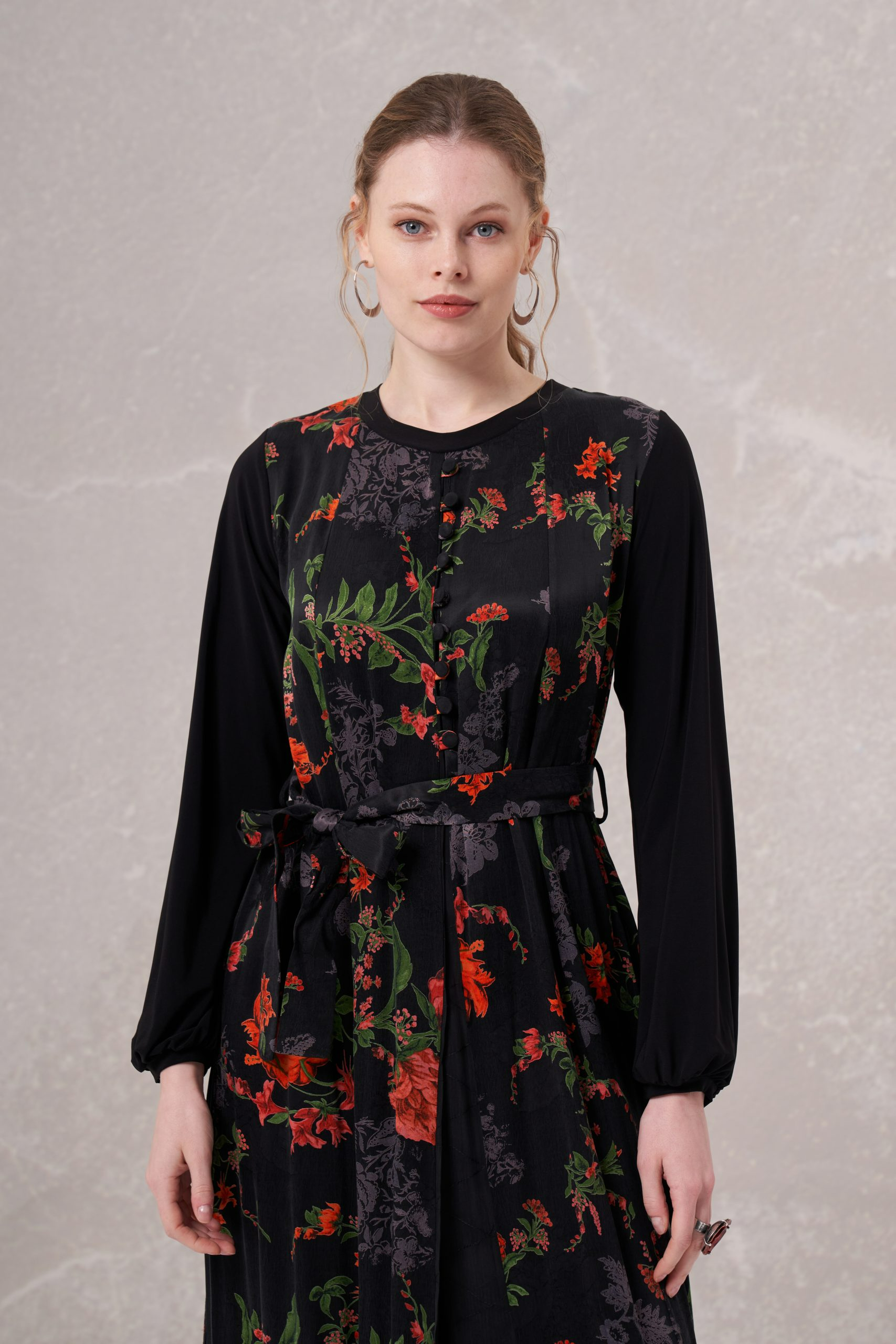 MissWhence 35801 Desenli İpek Elbise - Siyah