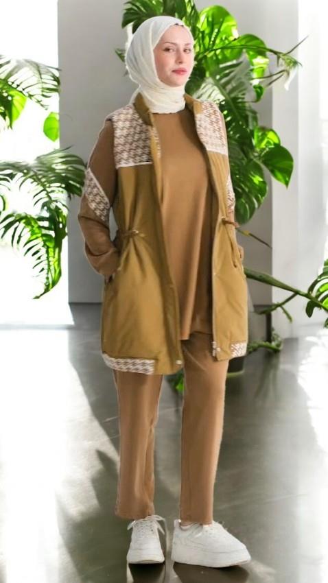 MODAL&KAPİTONE TUNİK YELEK PANTOLON TAKIM - CAMEL