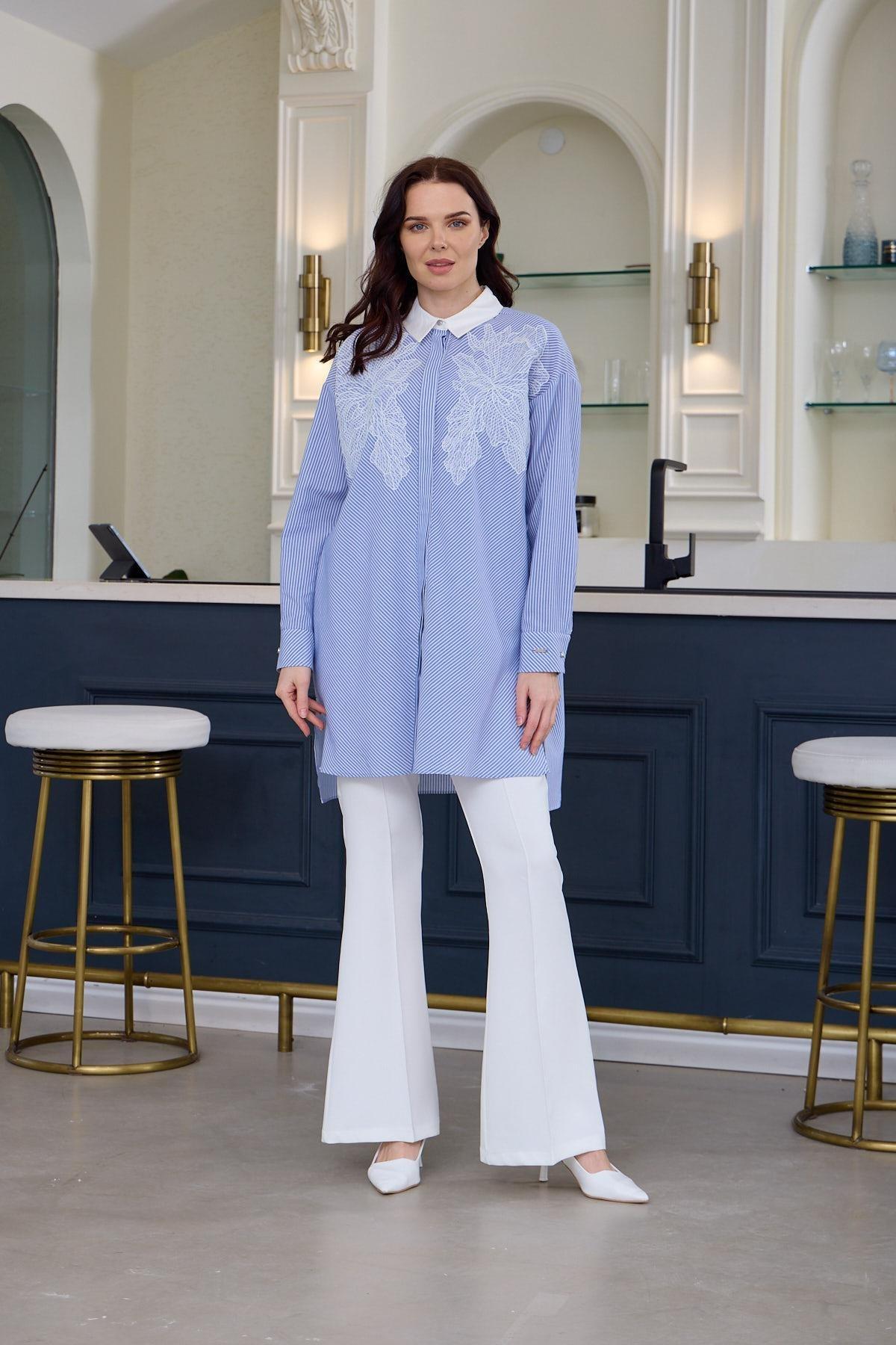 MOODBASIC DANTEL DETAYLI ÇİZGİLİ GÖMLEK - MAVİ