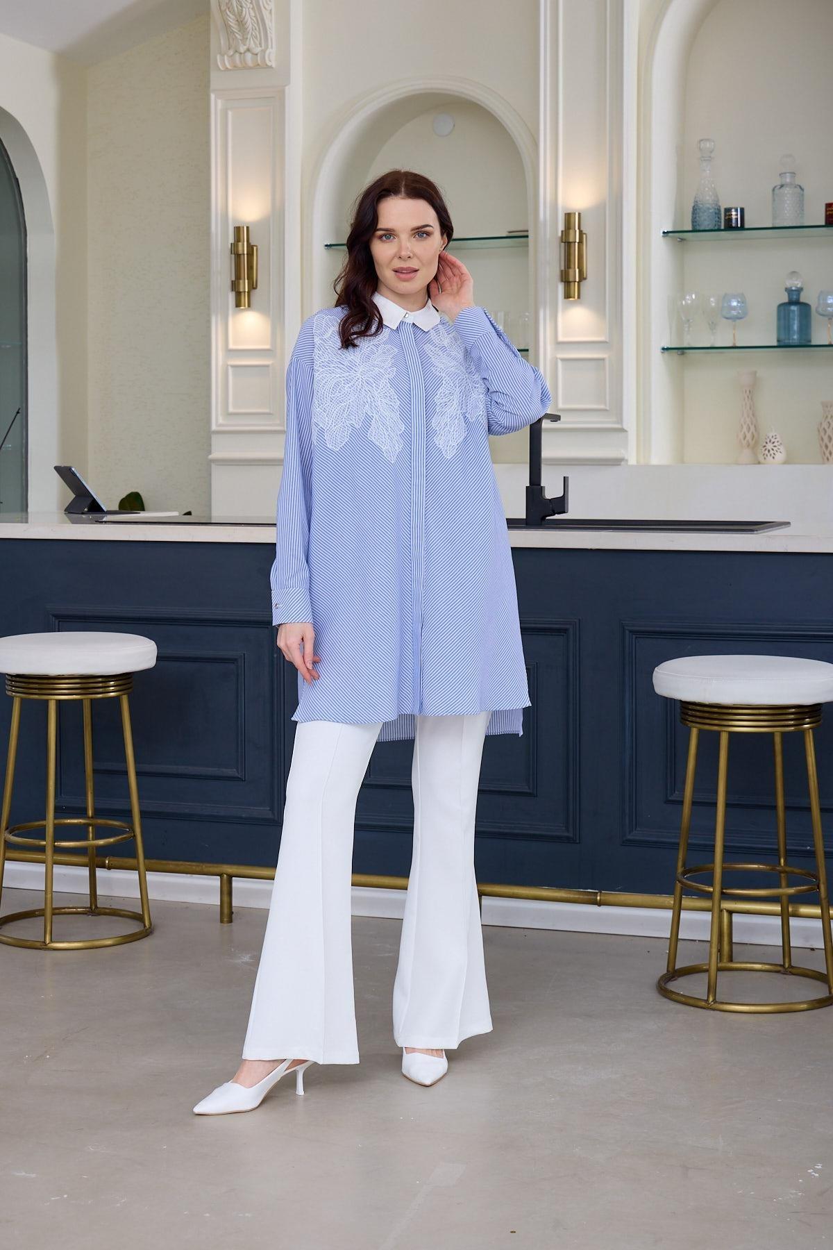 MOODBASIC DANTEL DETAYLI ÇİZGİLİ GÖMLEK - MAVİ
