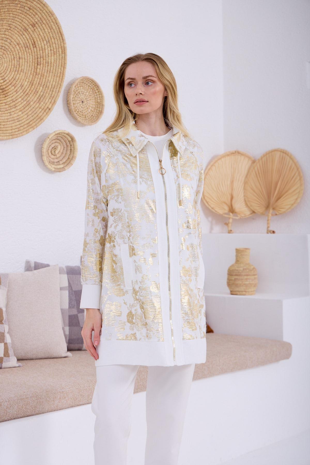 MOODBASIC GOLD BASKILI DESENLİ KETEN KAP - EKRU