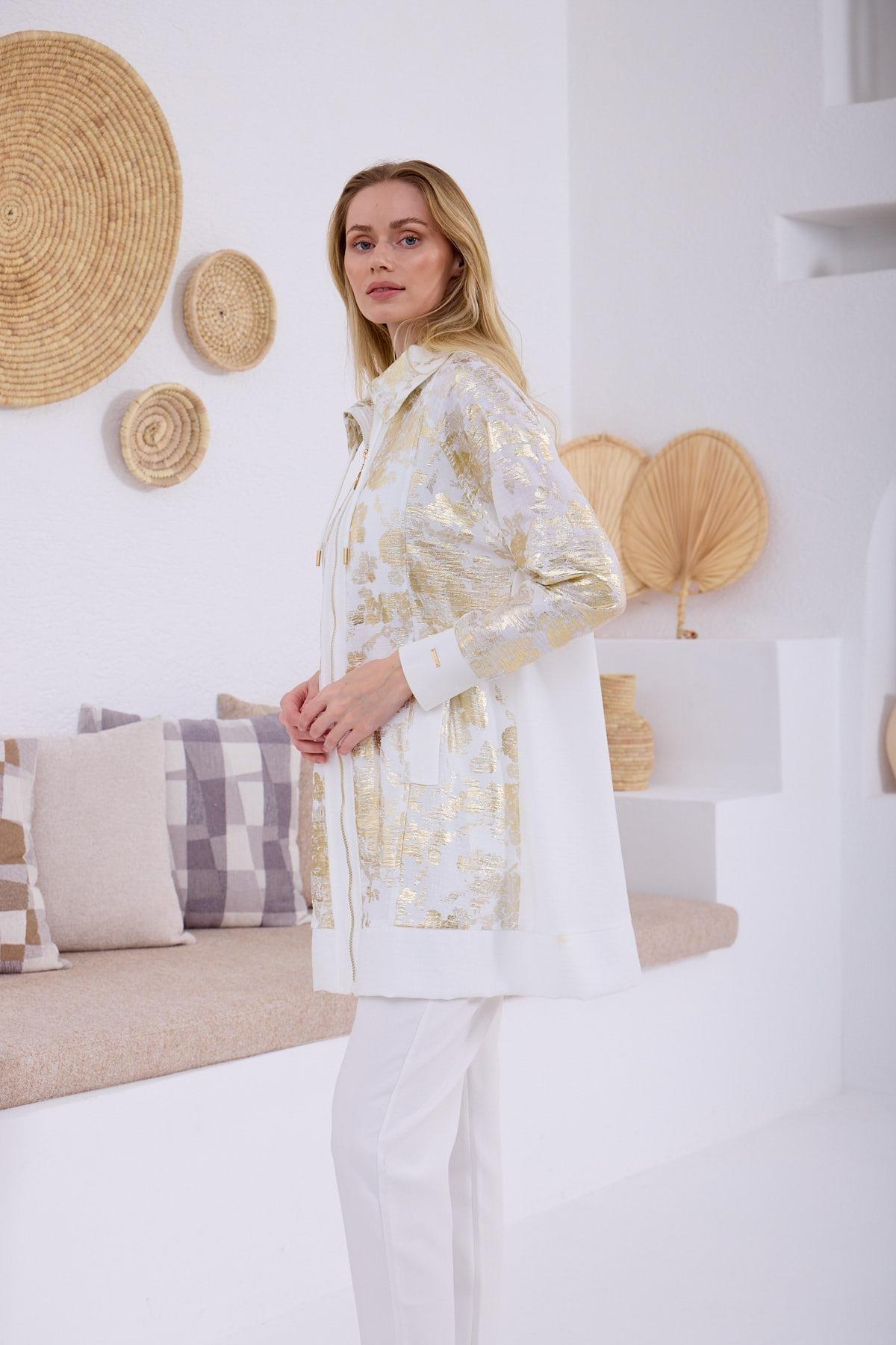 MOODBASIC GOLD BASKILI DESENLİ KETEN KAP - EKRU