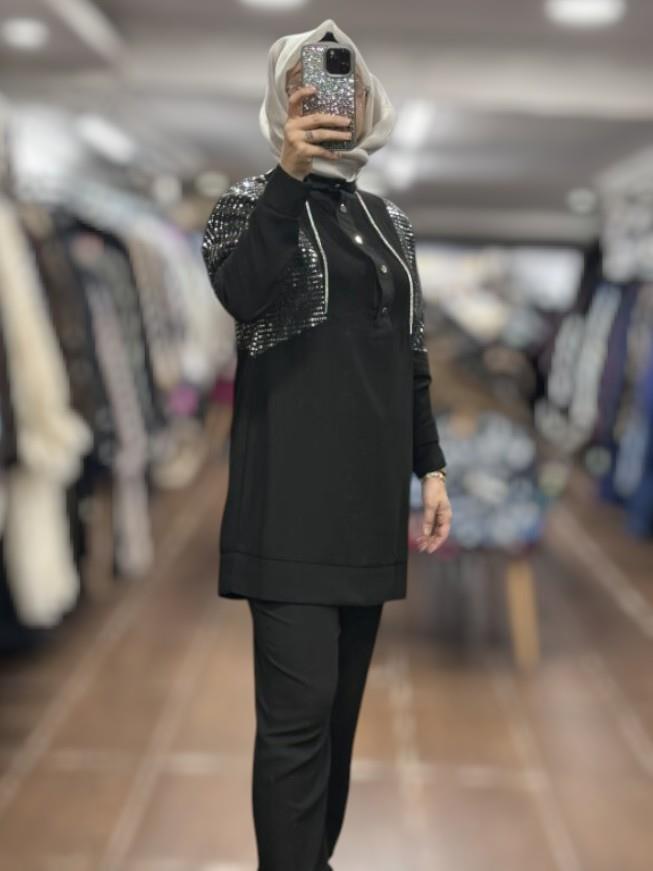 Moodbasic MB24.517 TAŞLI KORDONLU KREP TAKIM - SİYAH