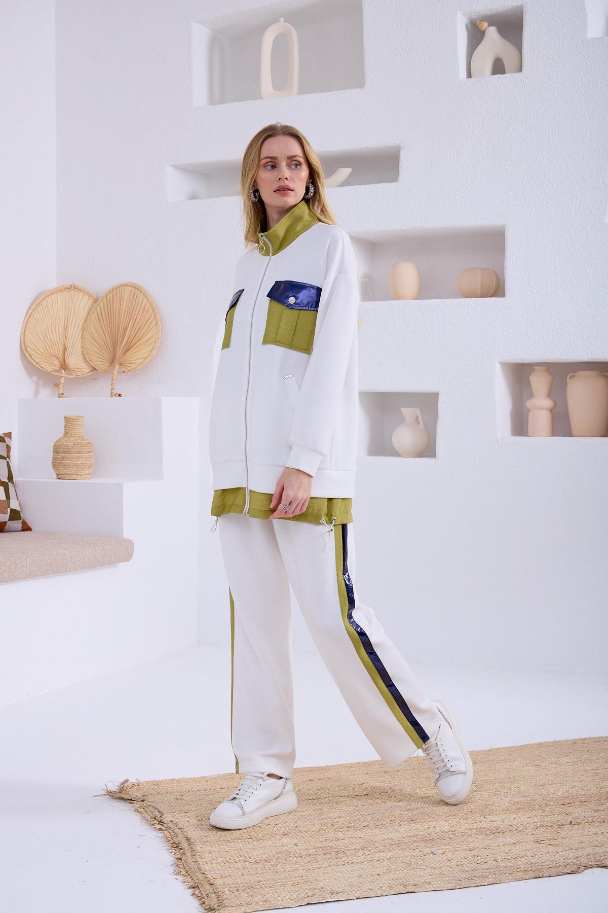 Moodbasic Renkli Cep Detaylı Modal Takım - ekru/olive