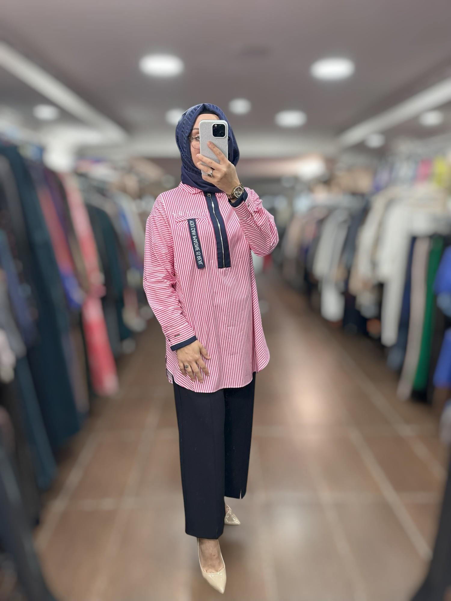 MOODBASIC RENKLİ GARNİLİ ÇİZGİLİ GÖMLEK - FUŞYA
