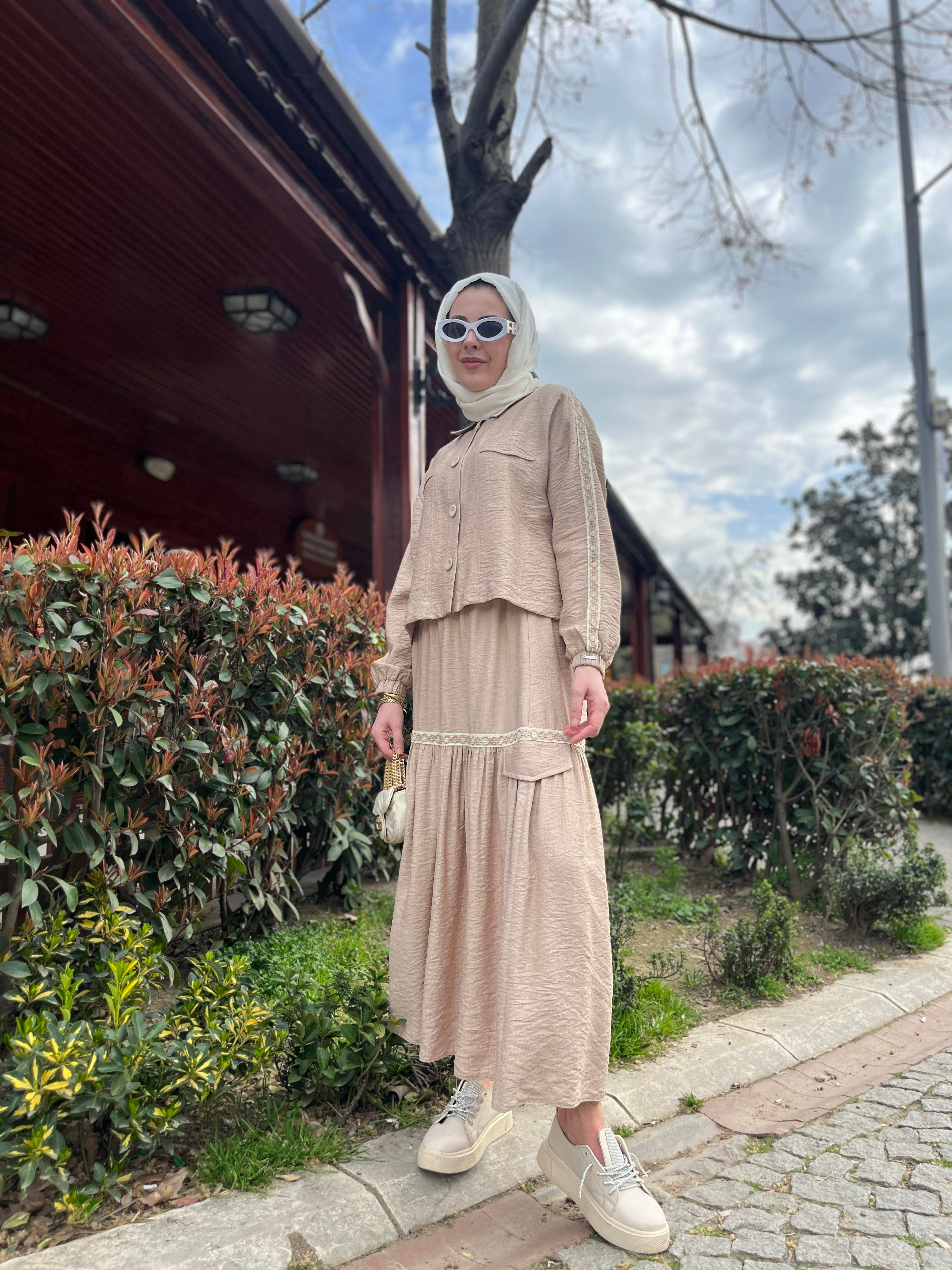 MOODBASIC ŞERİT DETAYLI KETEN TAKIM - BEJ