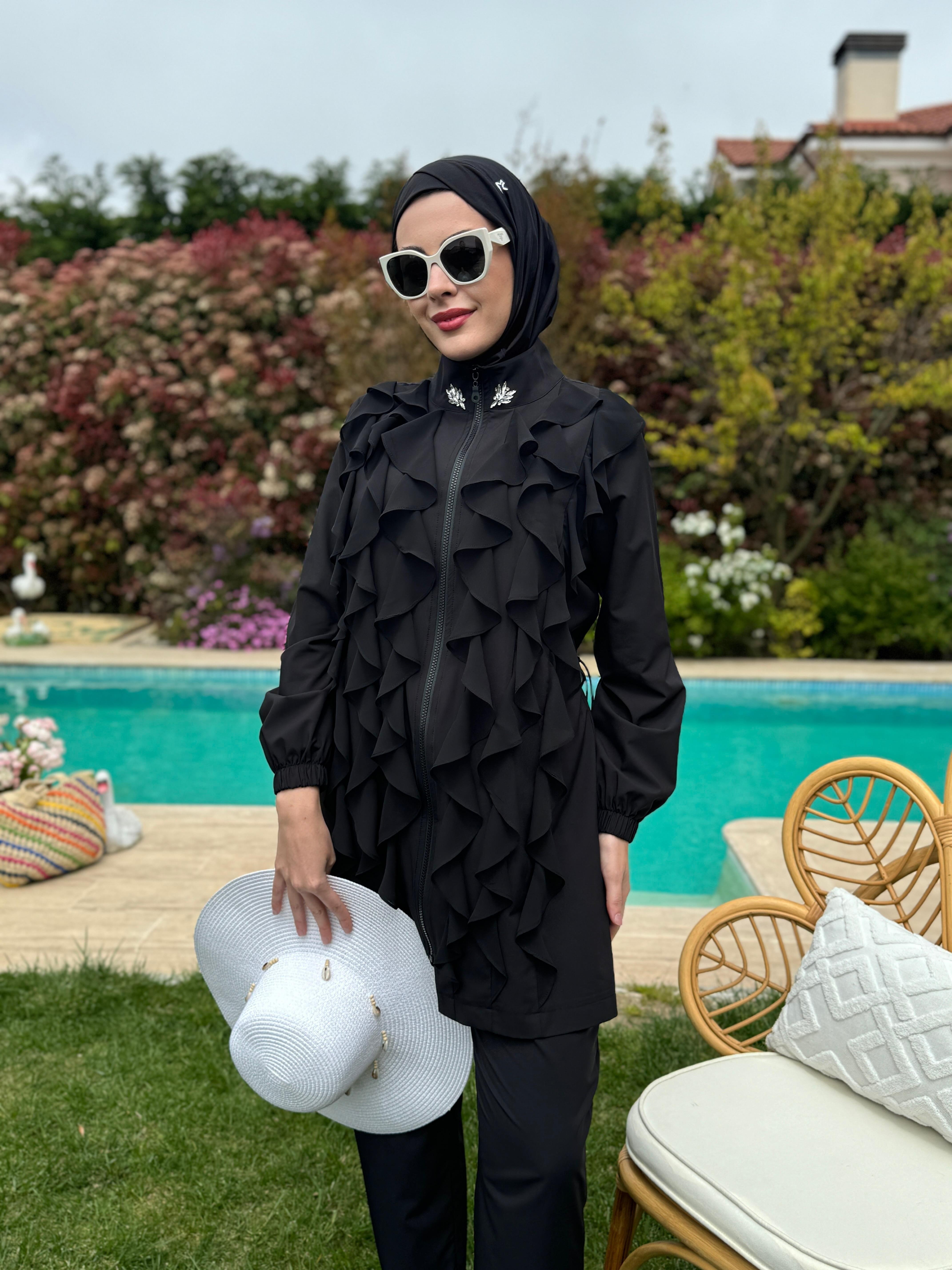 moodbasic TAŞ DETAYLI VOLANLI TESETTÜR MAYO-SİYAH