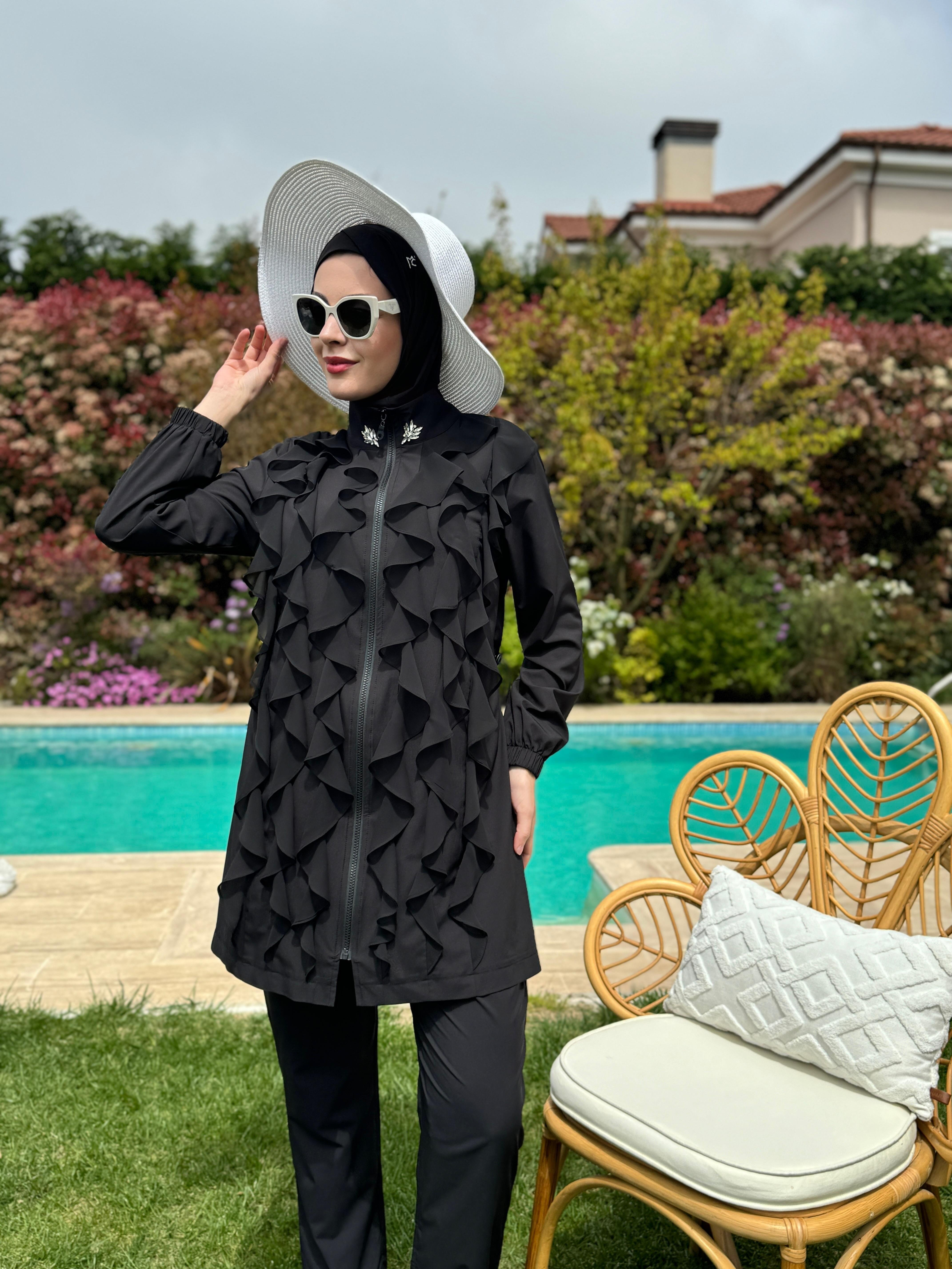 moodbasic TAŞ DETAYLI VOLANLI TESETTÜR MAYO-SİYAH