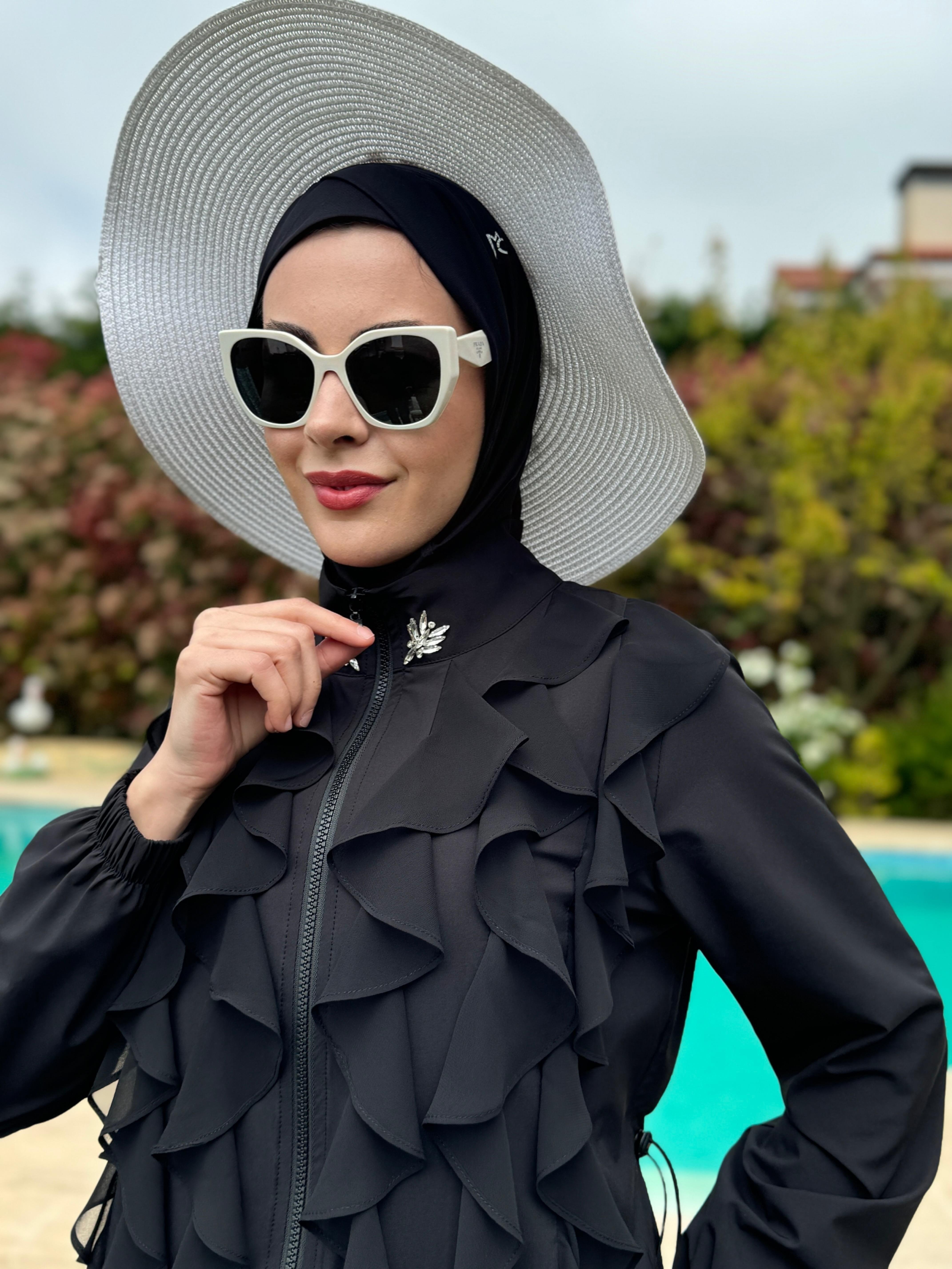 moodbasic TAŞ DETAYLI VOLANLI TESETTÜR MAYO-SİYAH