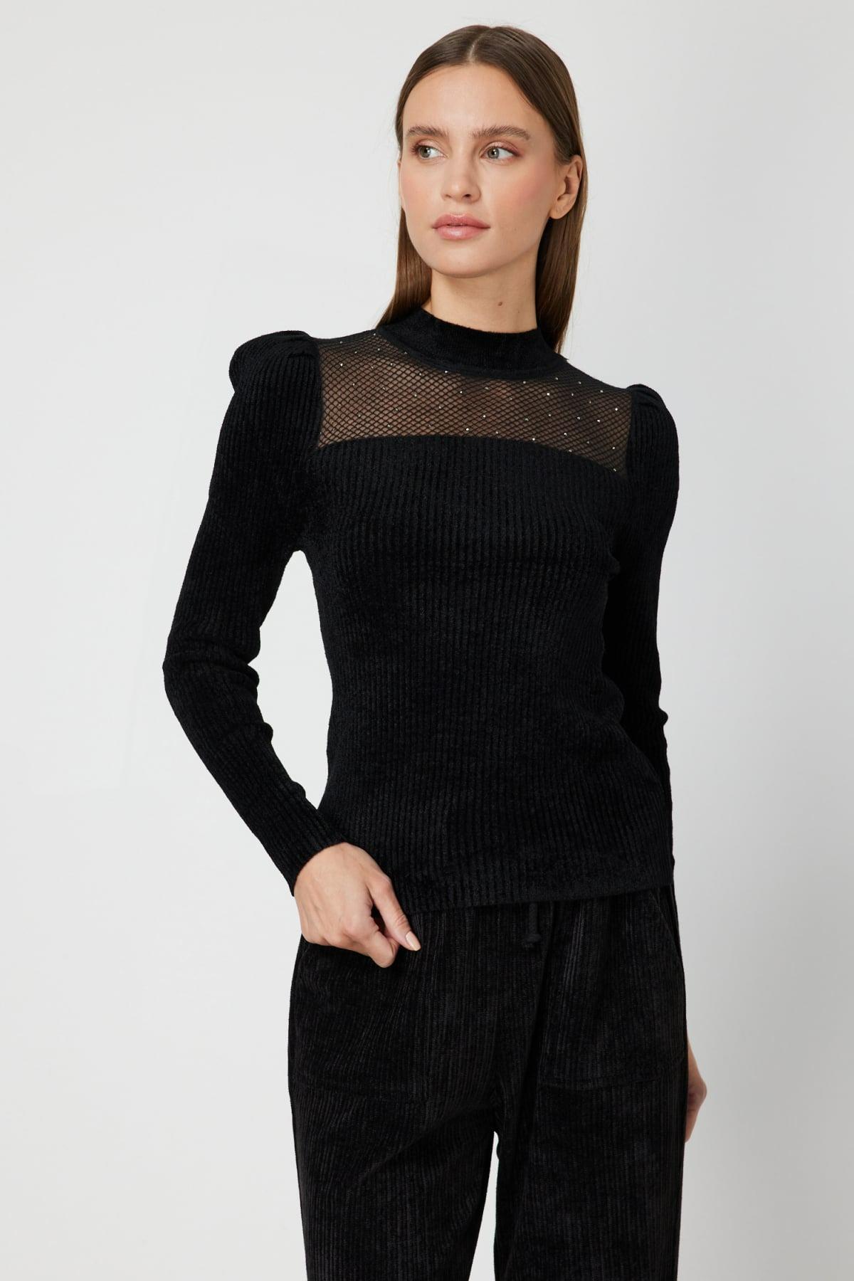 ON FASHION 26K.ON.KZK.60415.01 ÖNÜ TRANSPARAN TAŞLI KADİFE KAZAK - SİYAH