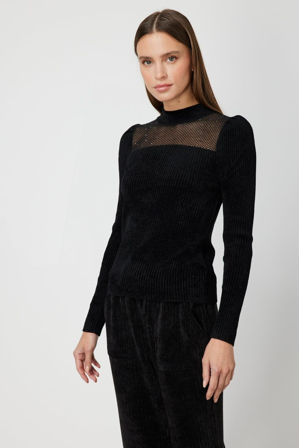 ON FASHION 26K.ON.KZK.60415.01 ÖNÜ TRANSPARAN TAŞLI KADİFE KAZAK - SİYAH