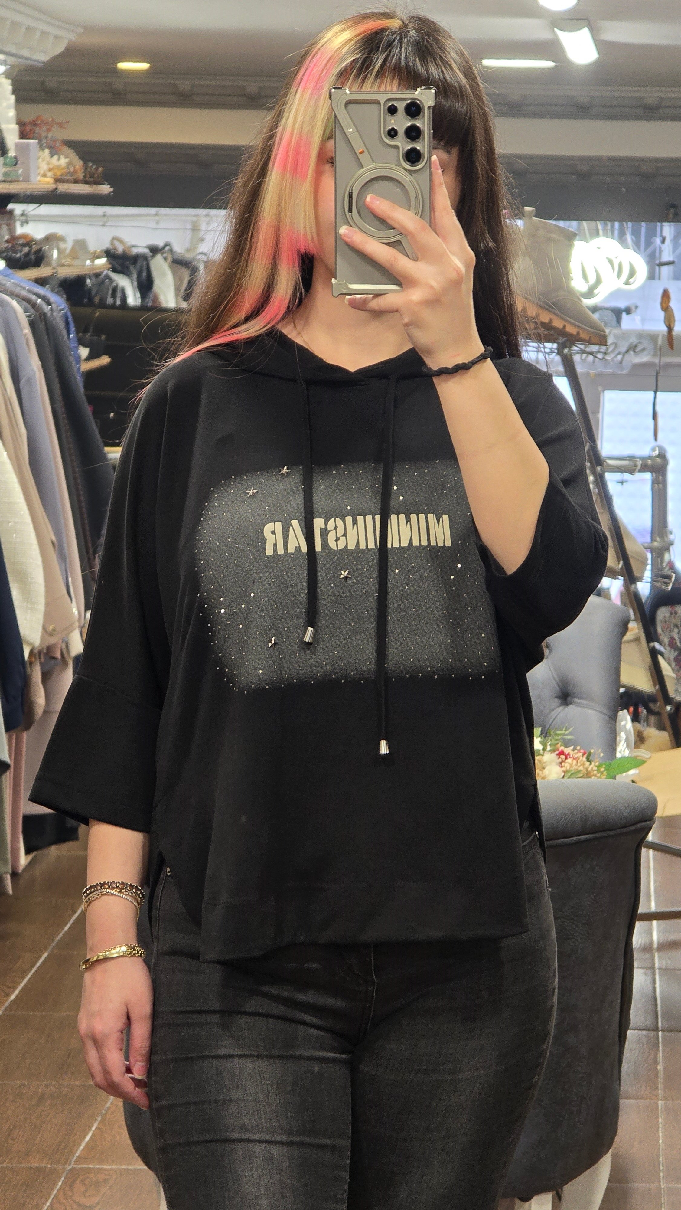 ON FASHION 26Y.ON.SWT.76322.01 BASKILI KAPŞONLU YARIM KOL SWEAT-SİYAH