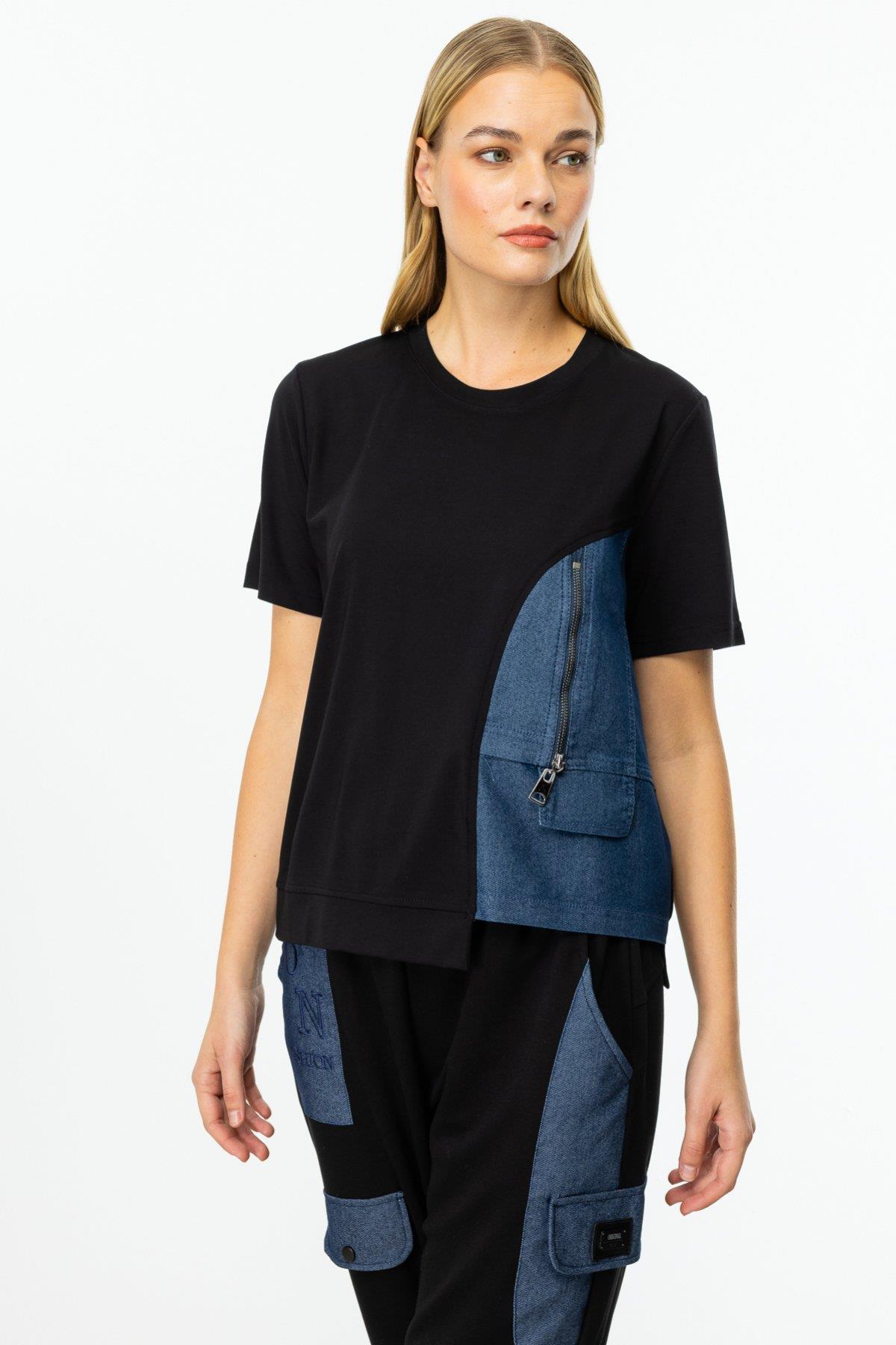 ON FASHION ASİMETRİK KESİM DENİM DETAYLI KISA KOL BLUZ - SİYAH