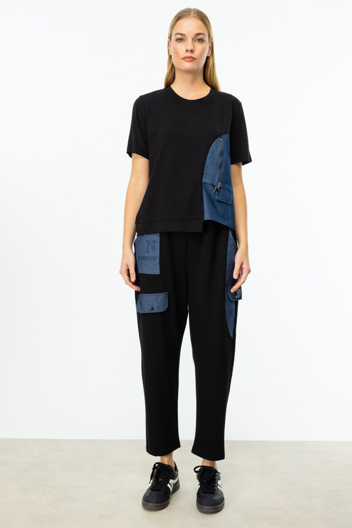 ON FASHION ASİMETRİK KESİM DENİM DETAYLI KISA KOL BLUZ - SİYAH