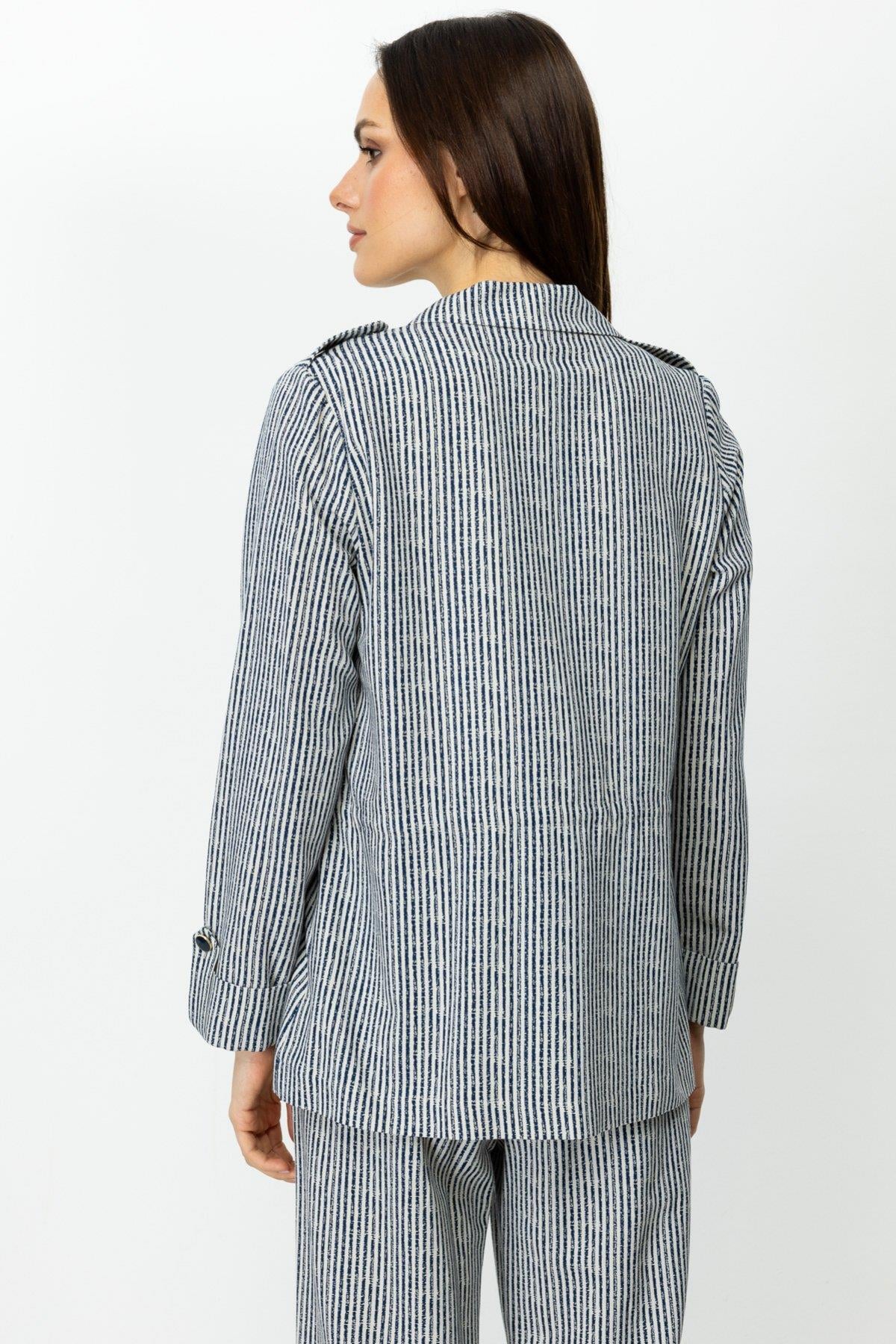 ON FASHION Beli Bağcıklı Çizgili Ceket - Lacivert
