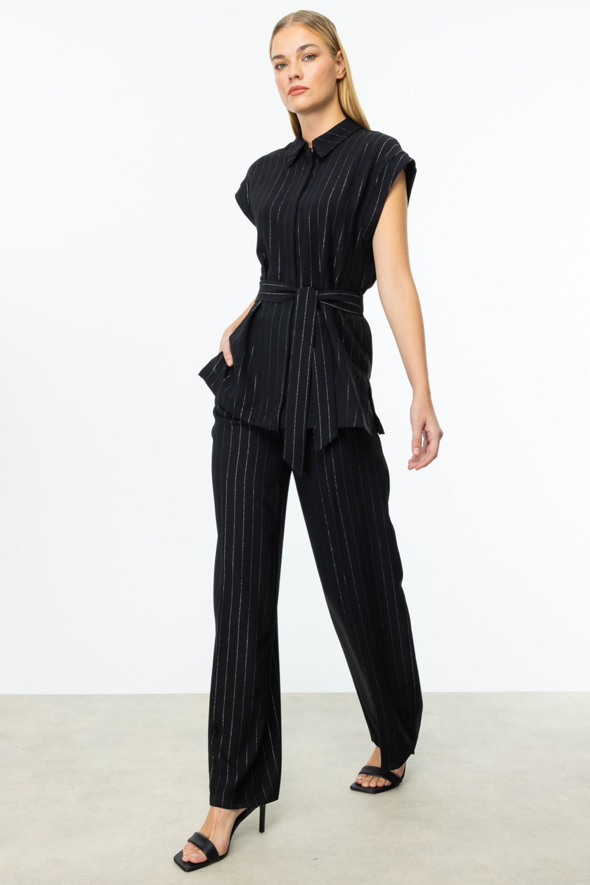 ON FASHION BOL ÇİZGİLİ PANTOLON - SİYAH