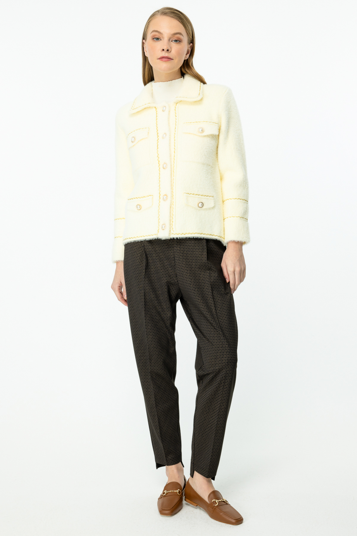 ON FASHION CEP DETAYLI İNCİ VE SİM BİYELİ HIRKA - EKRU