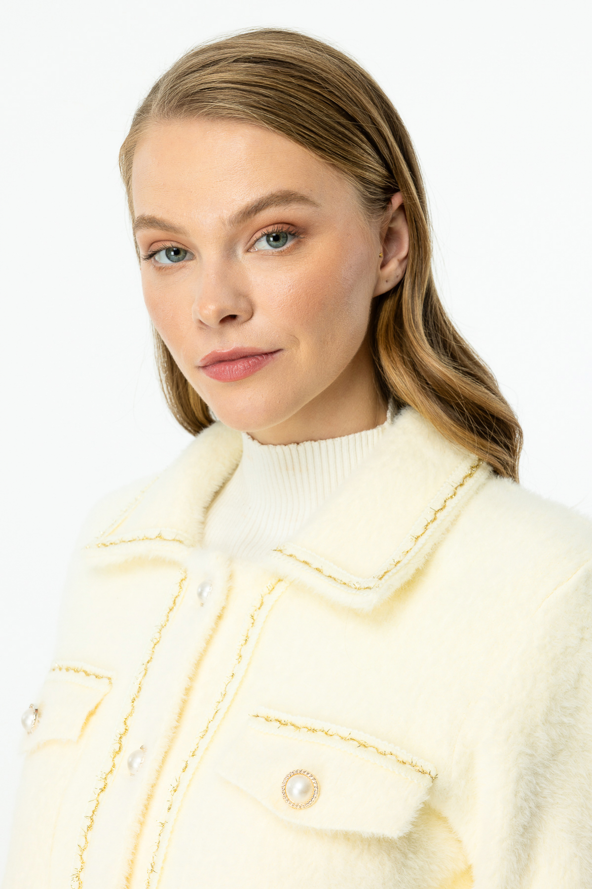 ON FASHION CEP DETAYLI İNCİ VE SİM BİYELİ HIRKA - EKRU