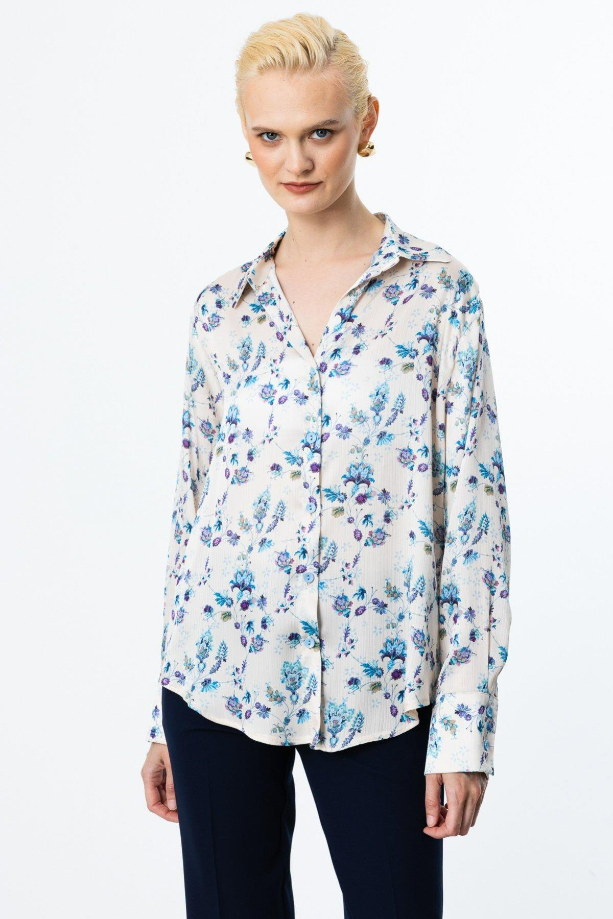 ON FASHION ÇİÇEK DESENLİ V YAKA GÖMLEK - MAVİ