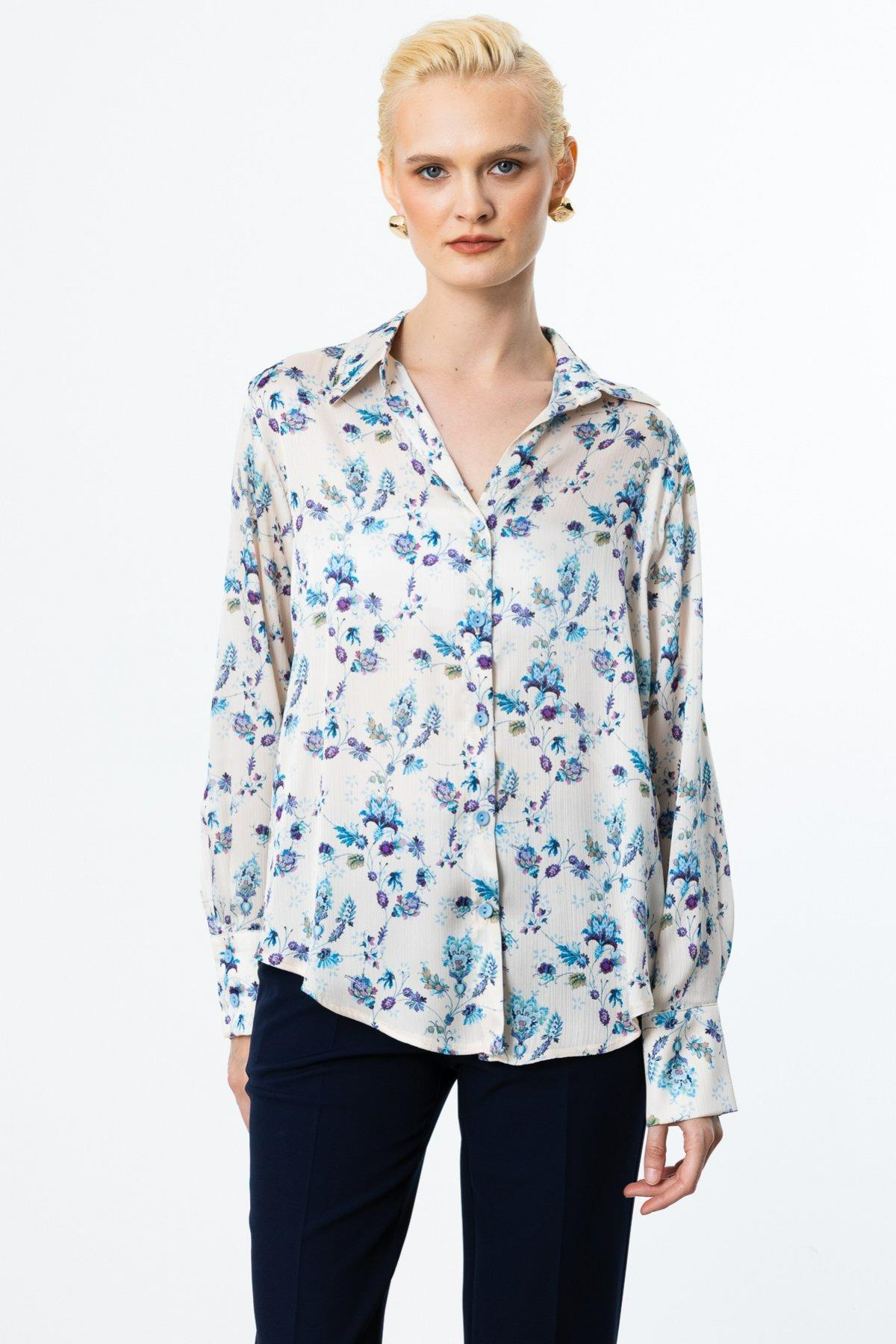 ON FASHION ÇİÇEK DESENLİ V YAKA GÖMLEK - MAVİ