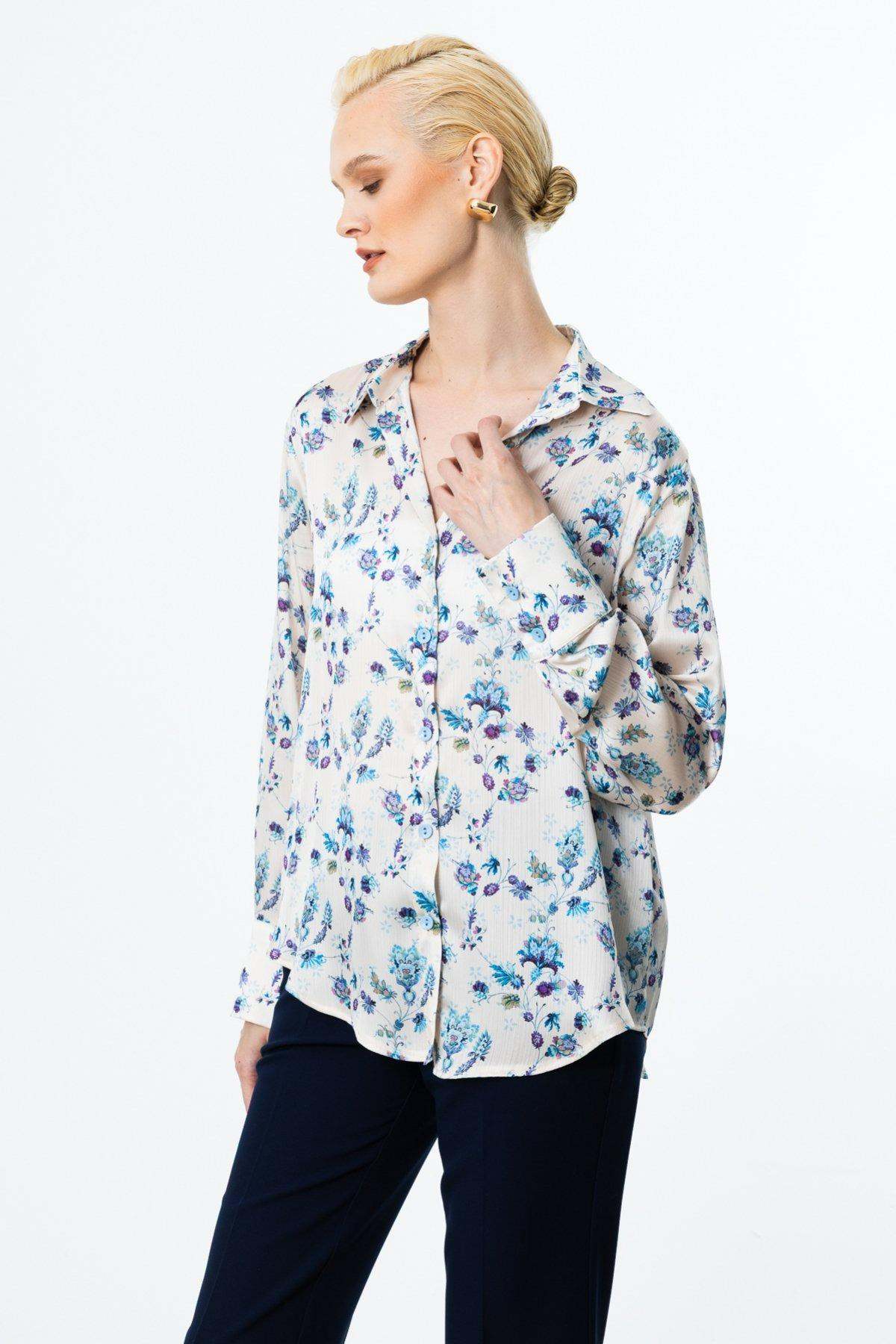 ON FASHION ÇİÇEK DESENLİ V YAKA GÖMLEK - MAVİ