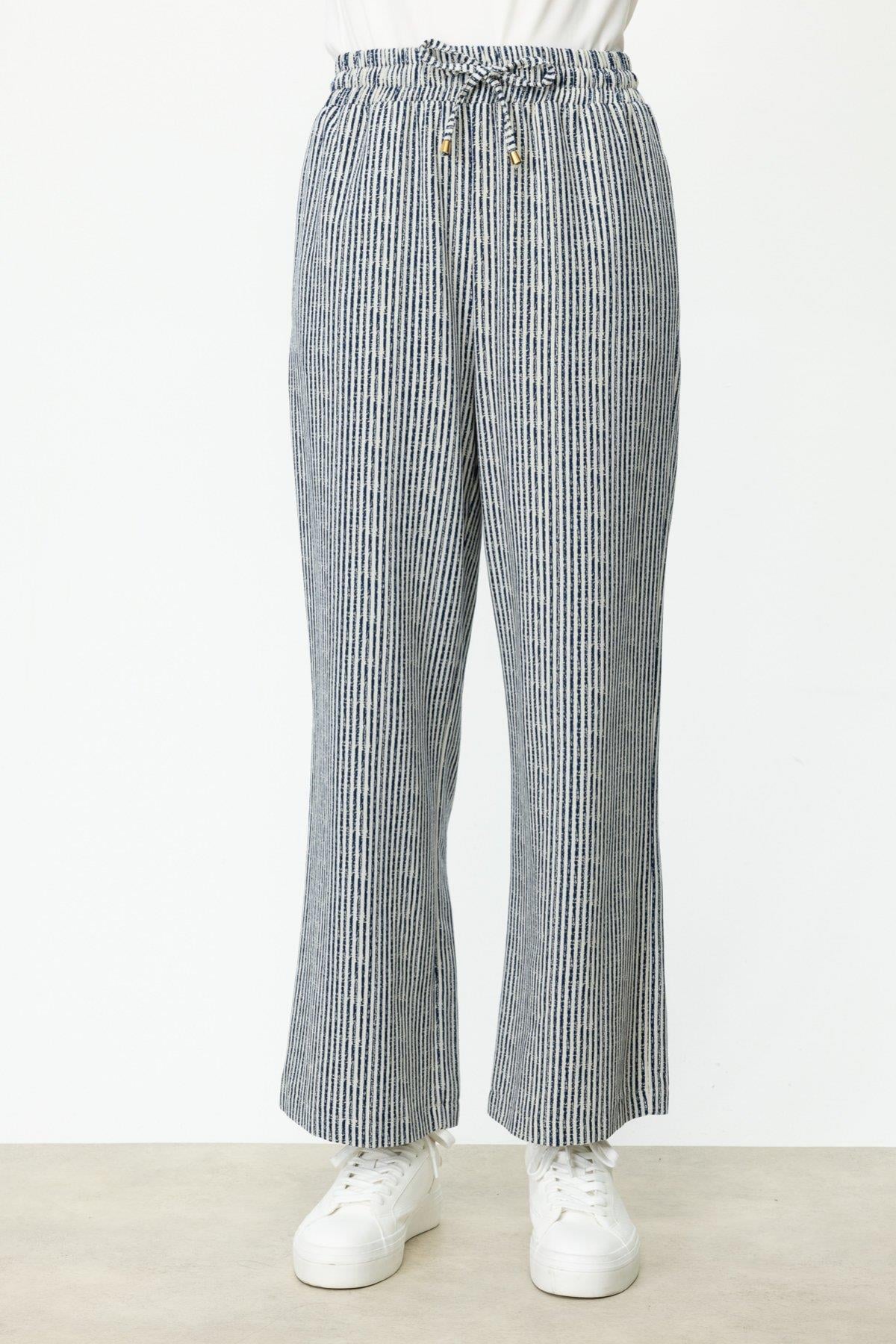 ON FASHION Çizgi Desenli Bol Paça Pantolon - LACİVERT