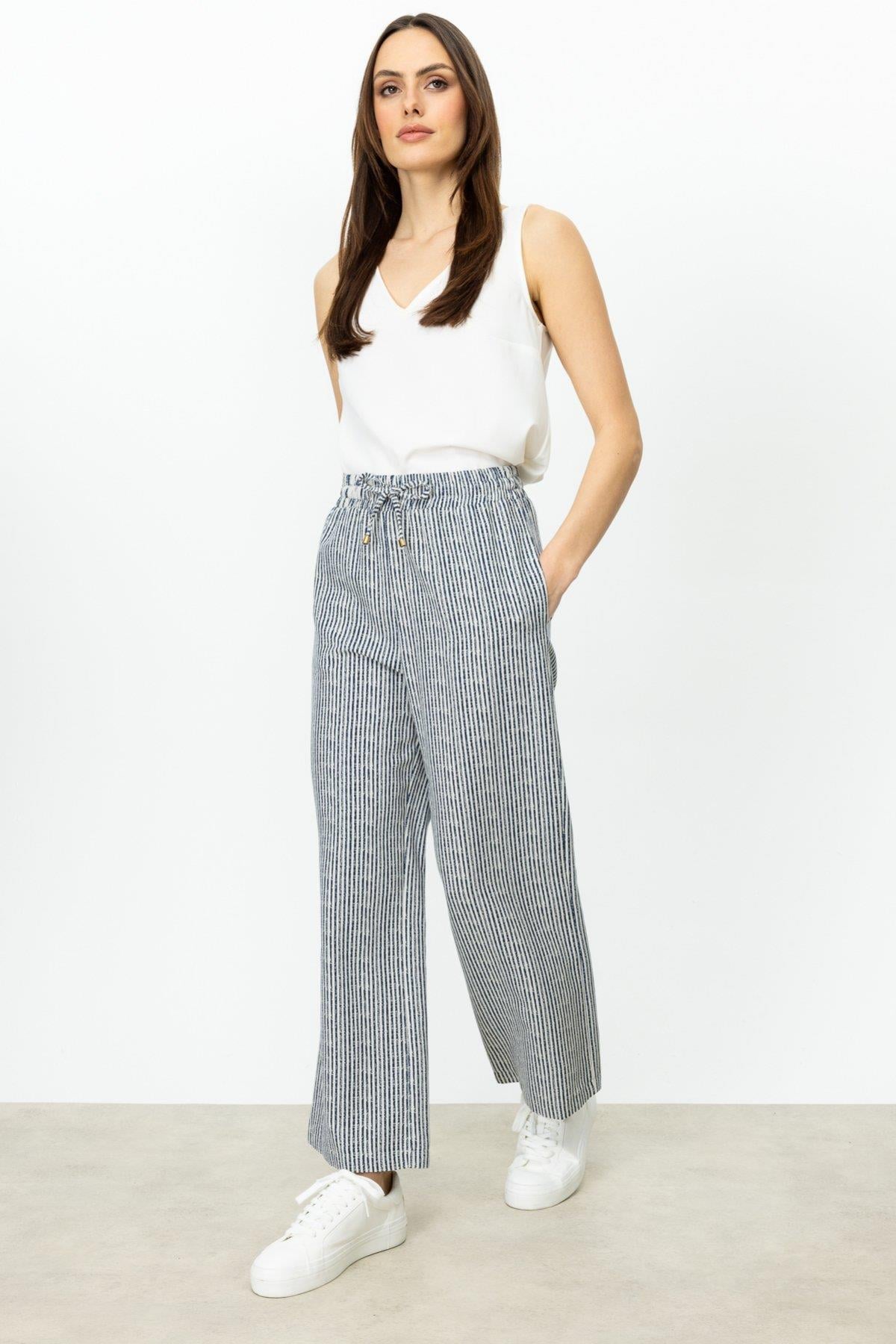 ON FASHION Çizgi Desenli Bol Paça Pantolon - LACİVERT