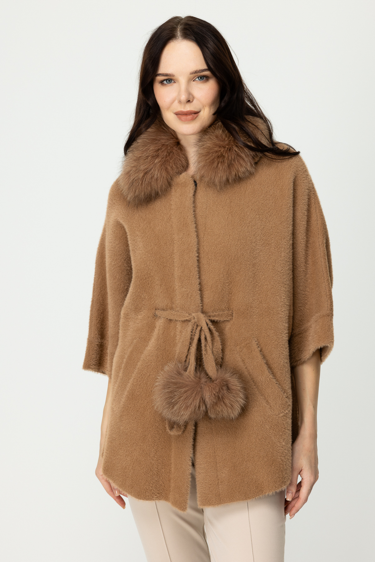 ON FASHION Kaban Yakası Kürklü Pompon  Kuşak Hırka - Camel