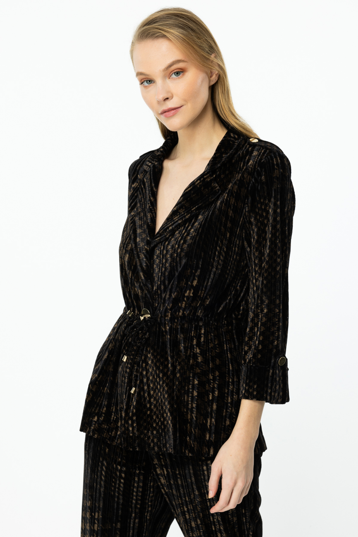 ON FASHION KADİFE KUMAŞ BELİ BAĞCIKLI CEKET - KAHVE