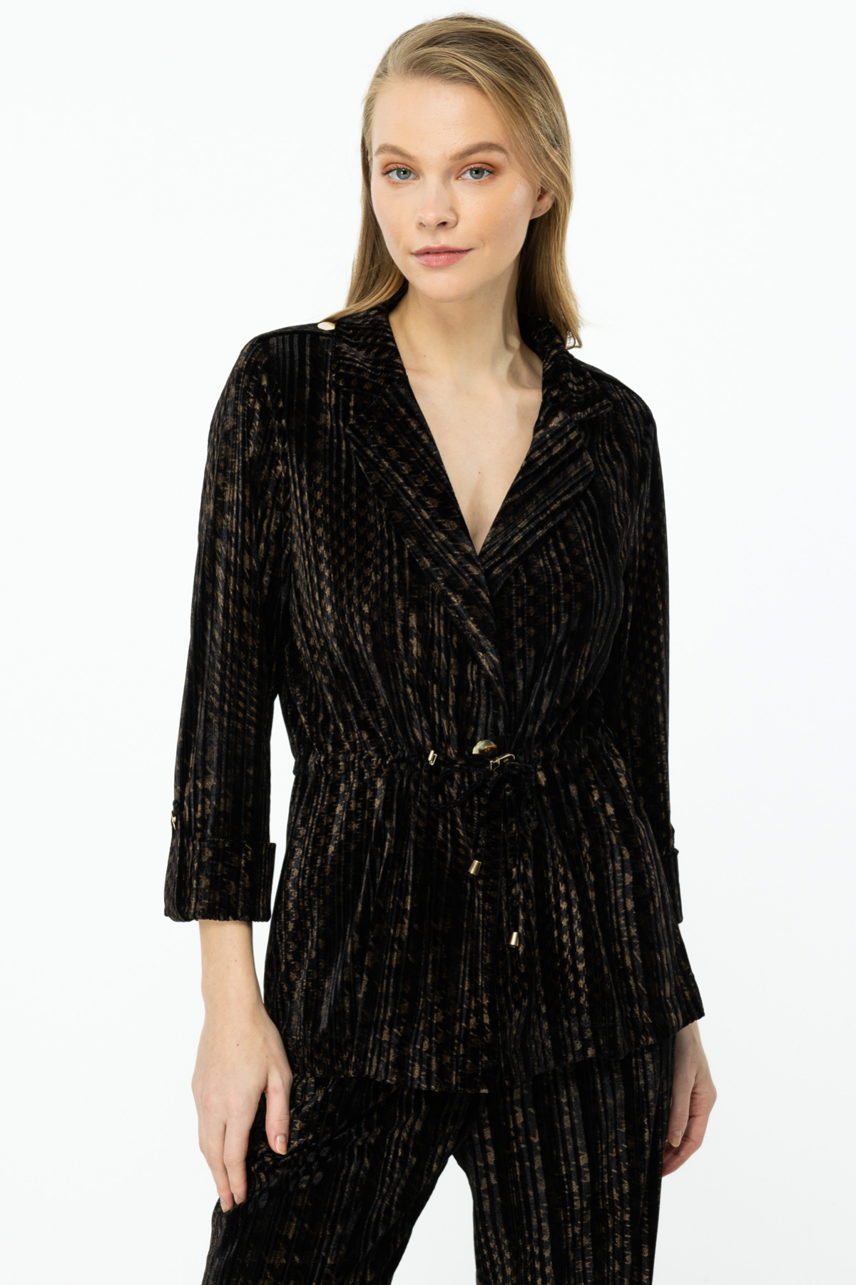 ON FASHION KADİFE KUMAŞ BELİ BAĞCIKLI CEKET - KAHVE