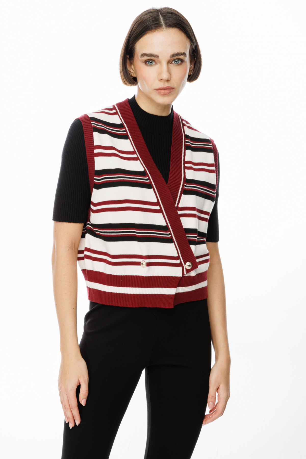 ON FASHION KRUVAZE ÇİZGİLİ SÜVETER - SİYAH