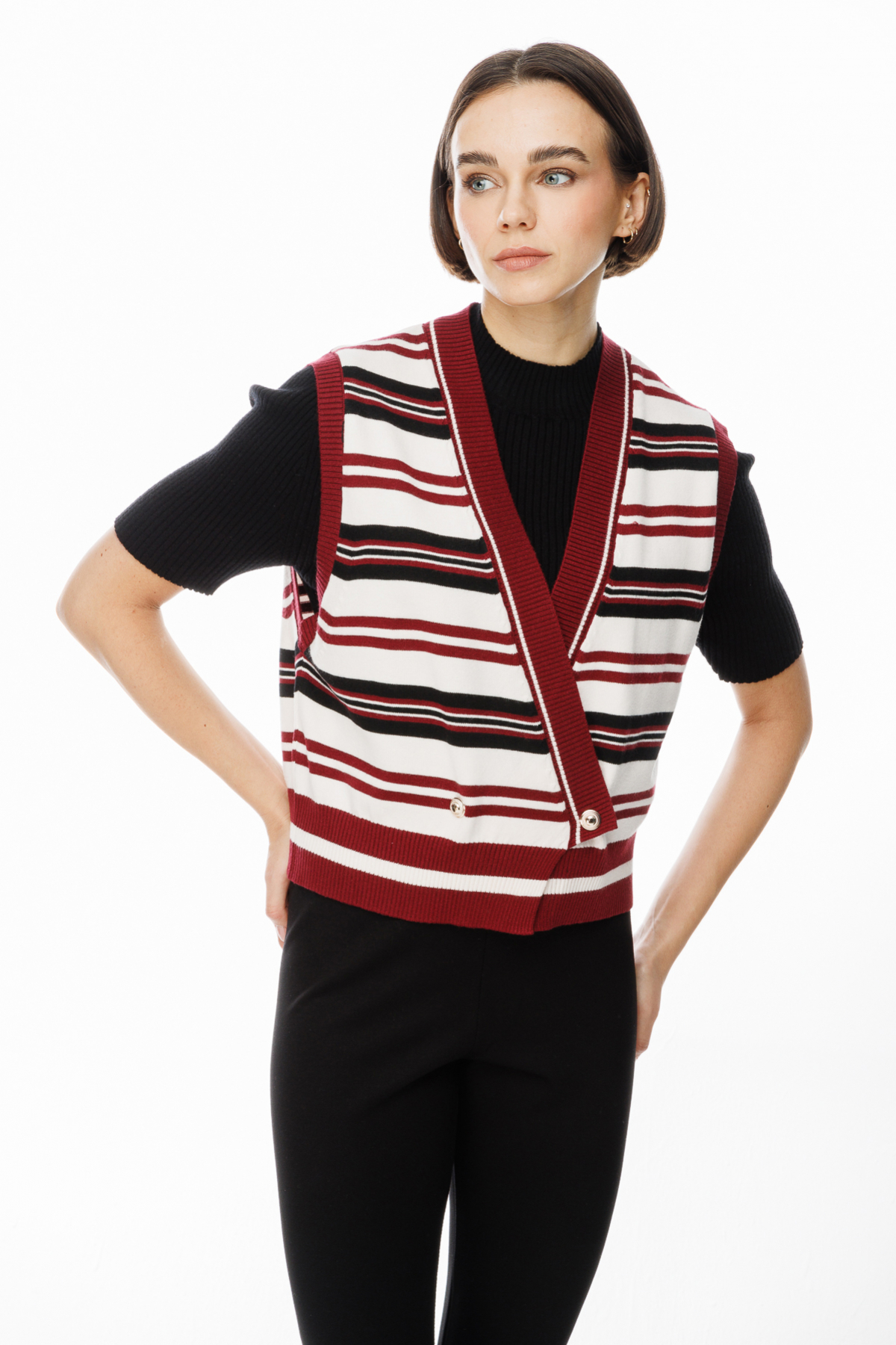 ON FASHION KRUVAZE ÇİZGİLİ SÜVETER - SİYAH