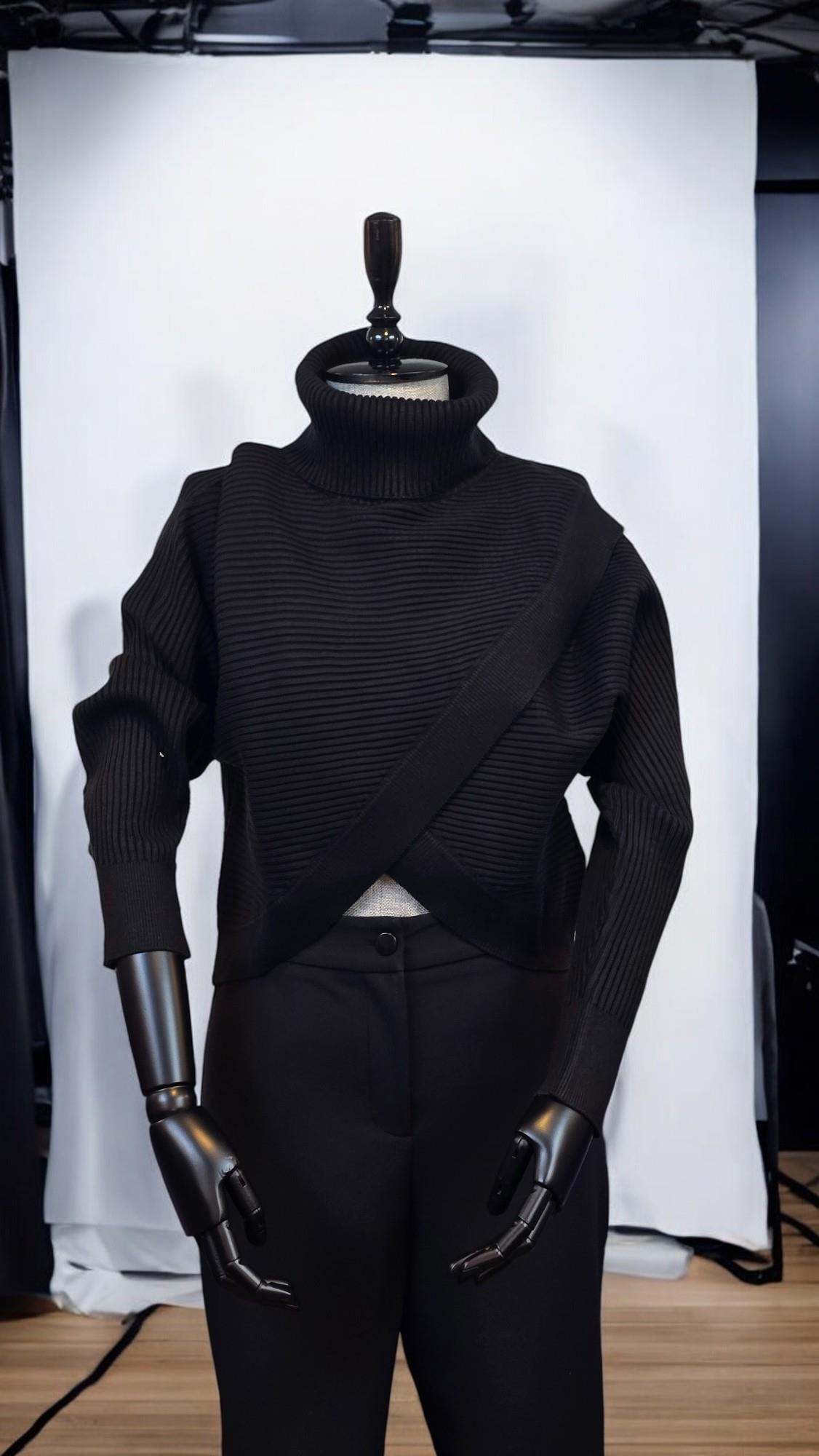 ON FASHION KRUVAZE EN BOY DEGAJE YAKA FİTİLLİ KAZAK - SİYAH