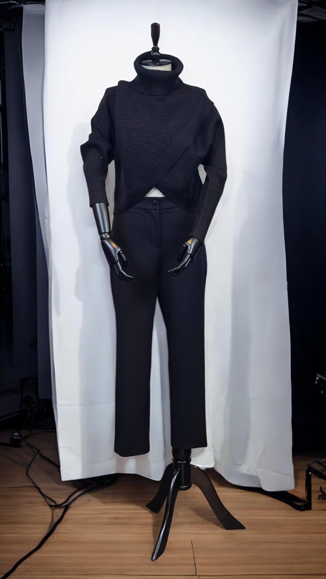 ON FASHION KRUVAZE EN BOY DEGAJE YAKA FİTİLLİ KAZAK - SİYAH