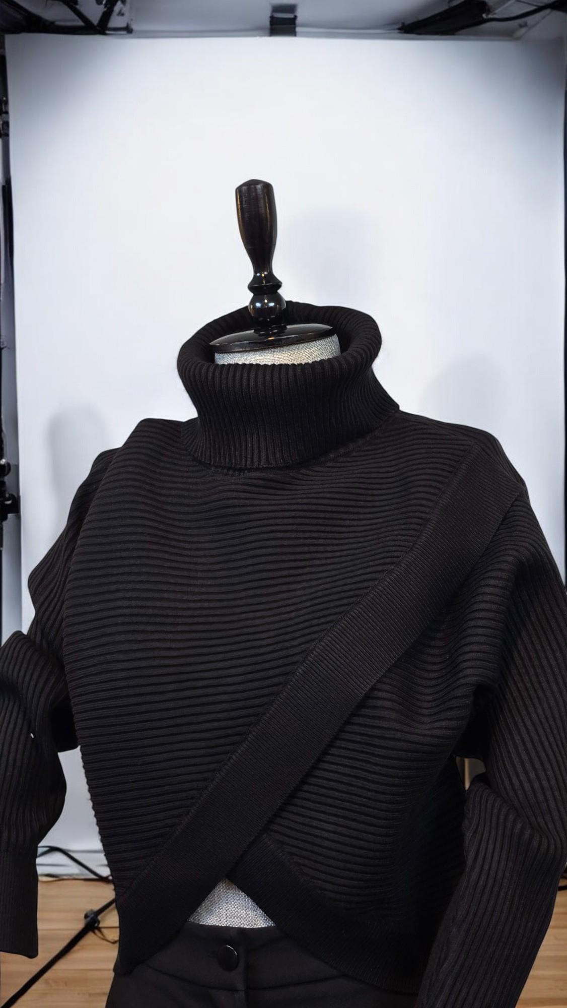 ON FASHION KRUVAZE EN BOY DEGAJE YAKA FİTİLLİ KAZAK - SİYAH