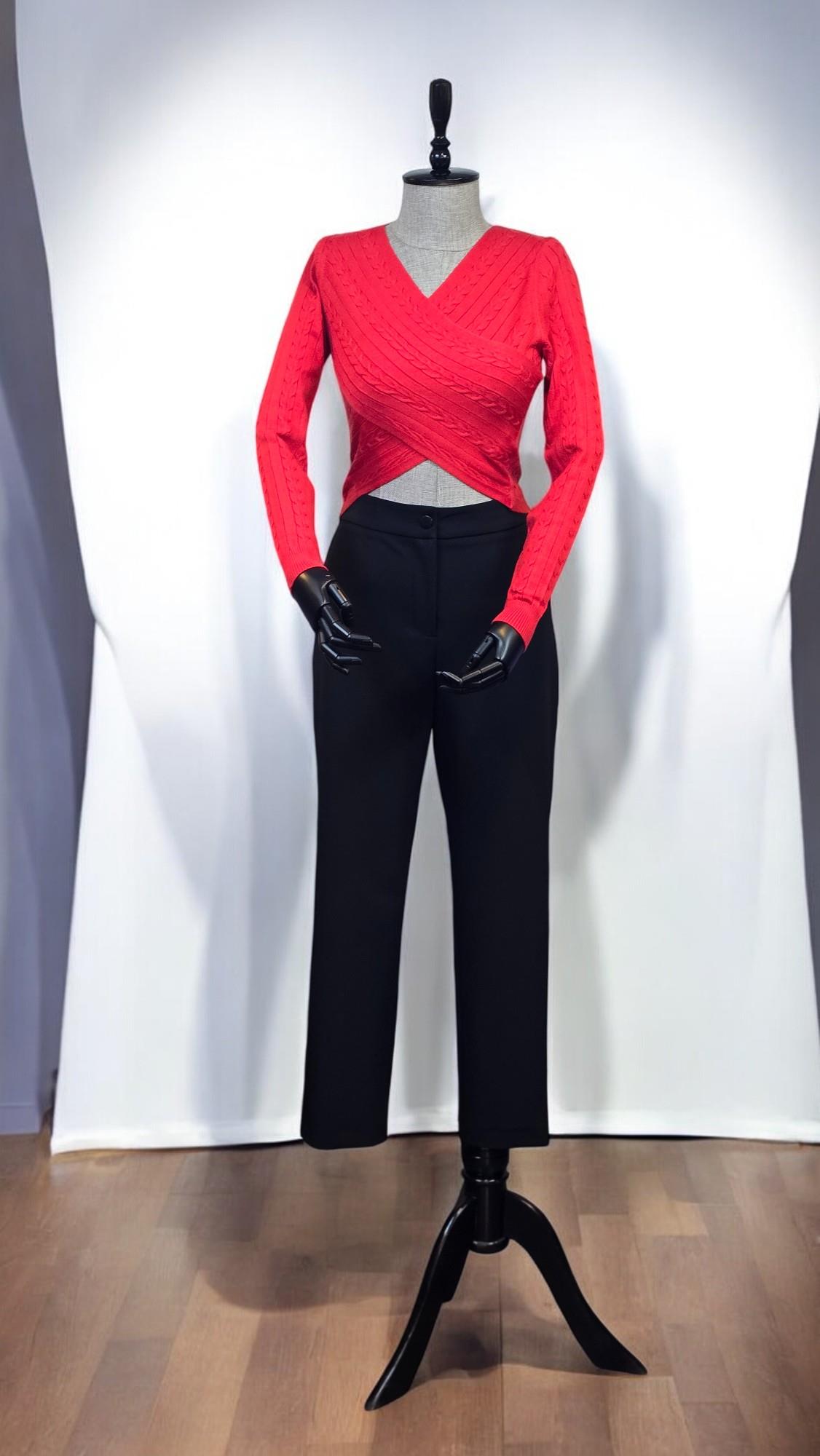 ON FASHION KRUVAZE ÖRGÜ DESENLİ KAZAK - KIRMIZI