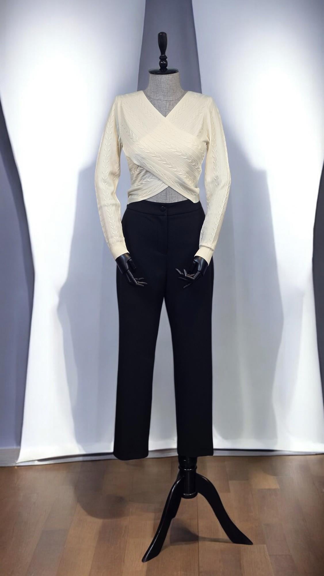 ON FASHION KRUVAZE ORGU DESENLİ KAZAK - KREM