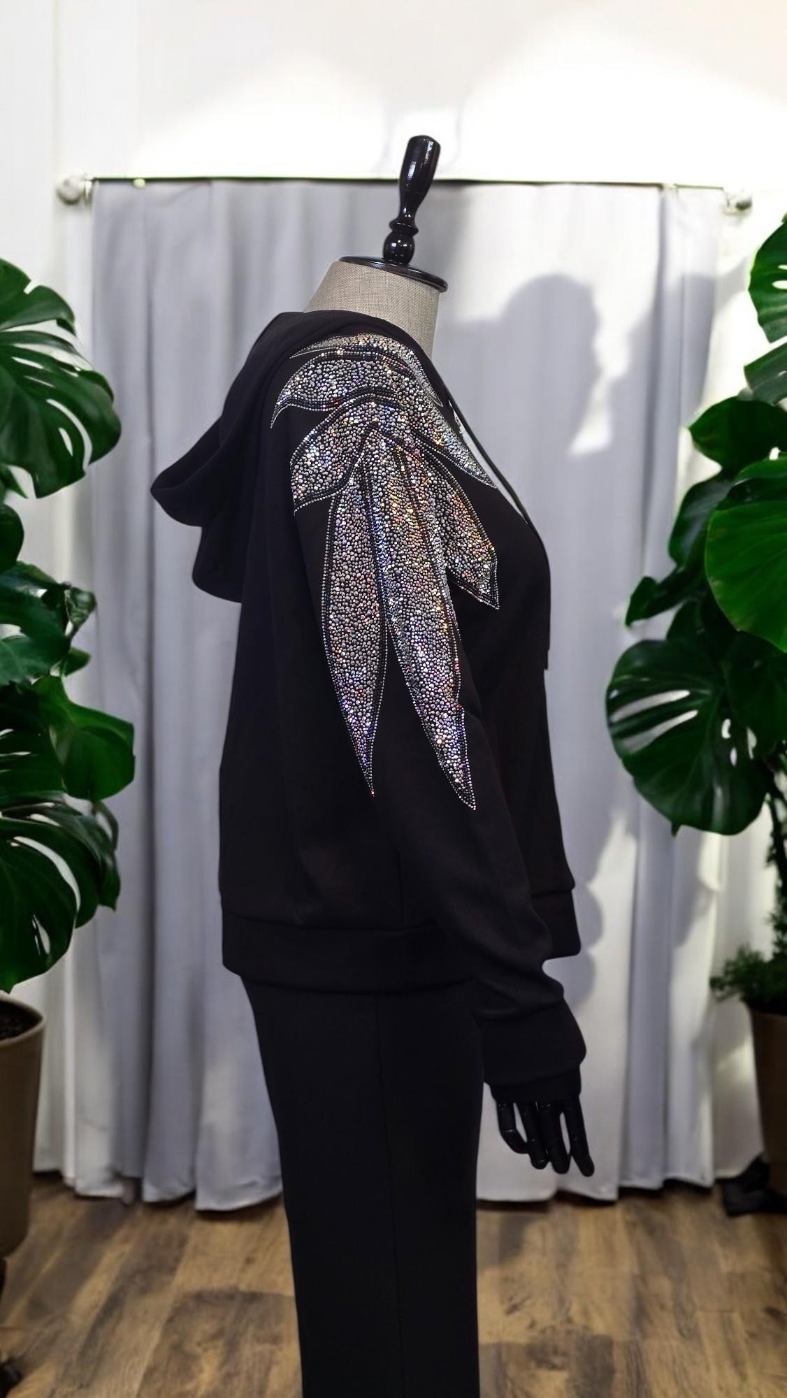 ON FASHION Önü Fermuarlı Omuzları Taş Detaylı Eşofman Üst - Siyah