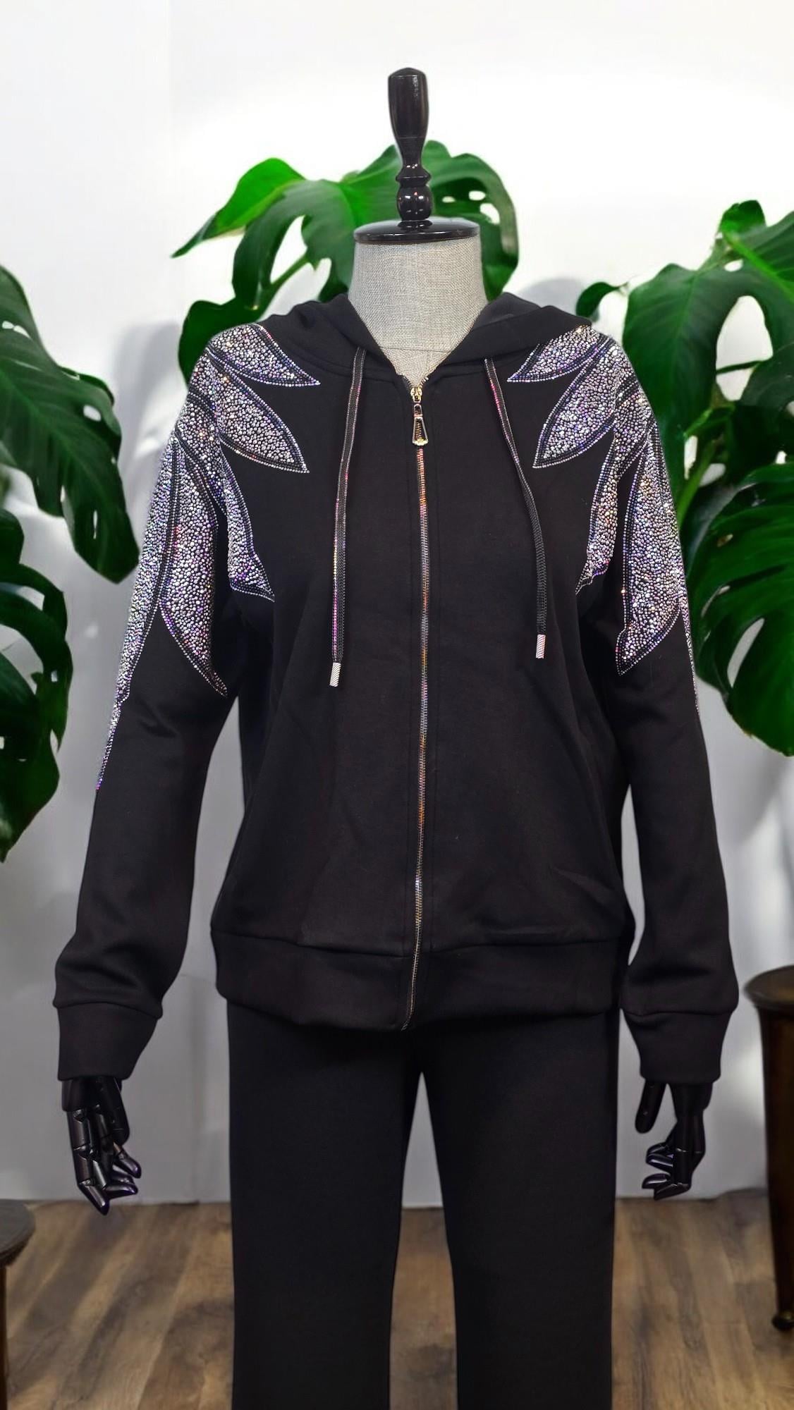 ON FASHION Önü Fermuarlı Omuzları Taş Detaylı Eşofman Üst - Siyah