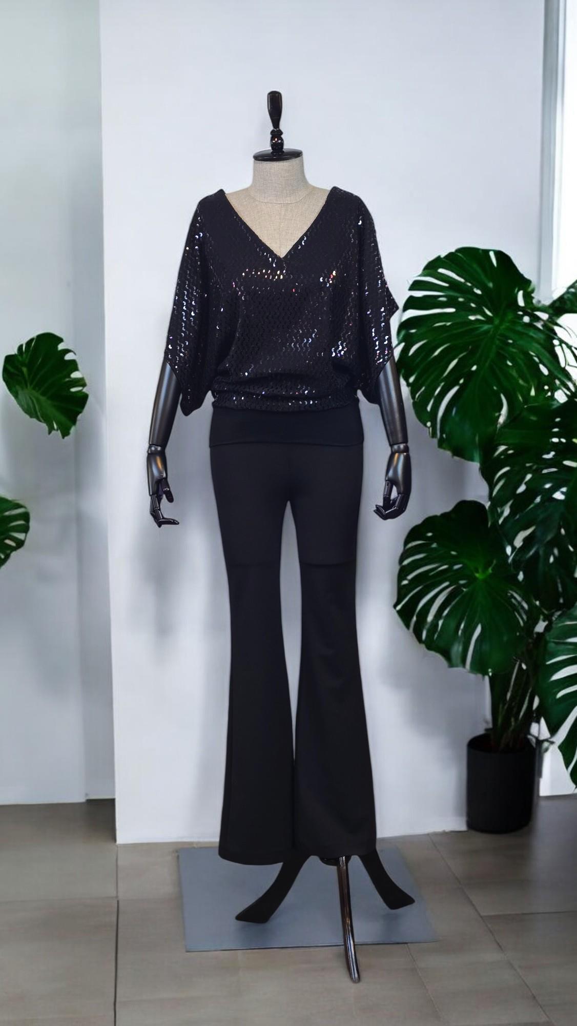 ON FASHION Pullu V :Yaka Bluz - Siyah