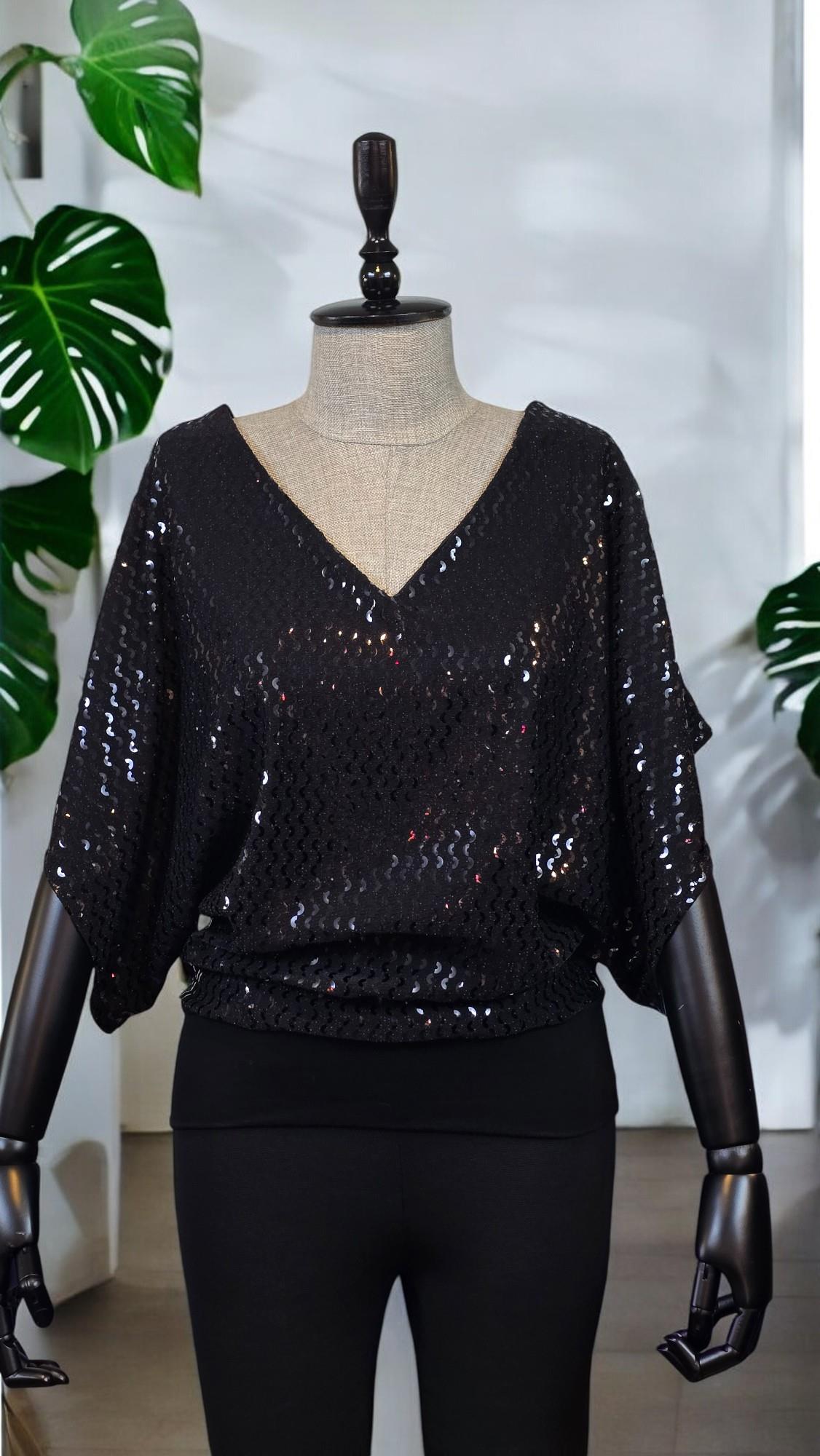 ON FASHION Pullu V :Yaka Bluz - Siyah