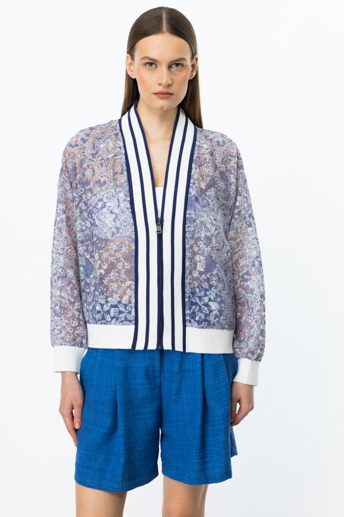 ON FASHION RİBANALI FERMUARLI DESENLİ HIRKA - İNDİGO
