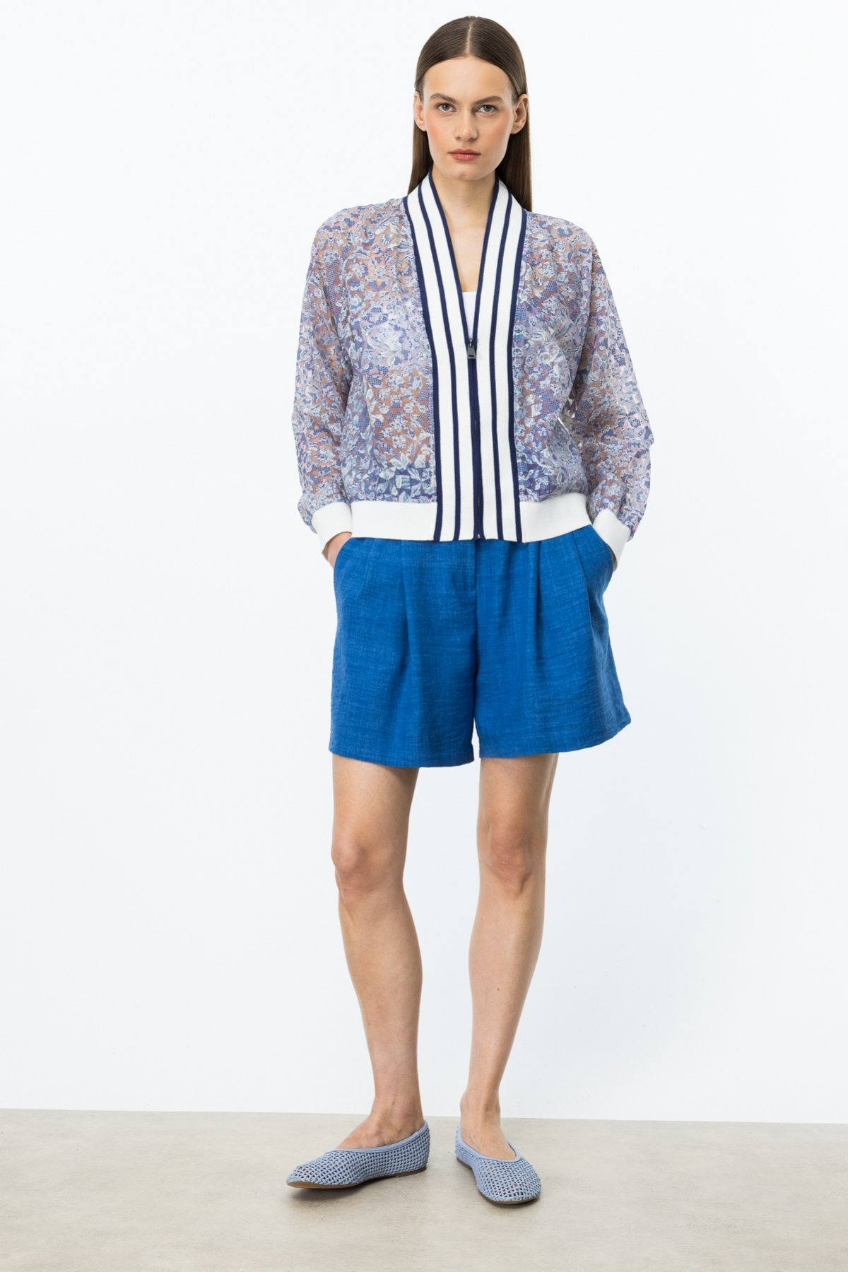 ON FASHION RİBANALI FERMUARLI DESENLİ HIRKA - İNDİGO