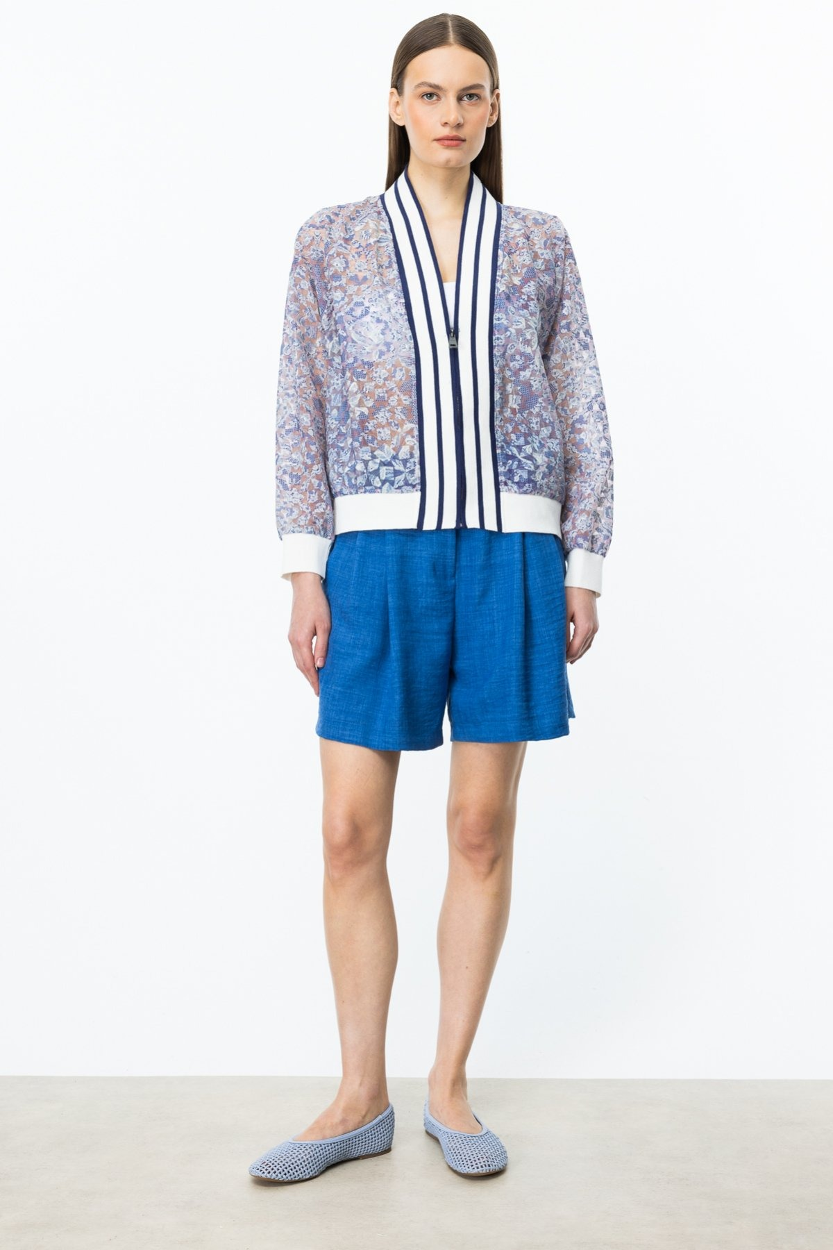 ON FASHION RİBANALI FERMUARLI DESENLİ HIRKA - İNDİGO